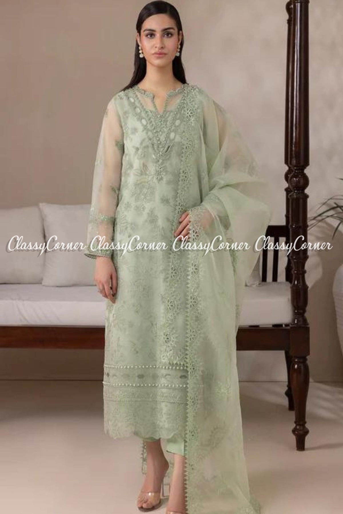 Pastel Green Organza Embroidered Formal Wear Outfit