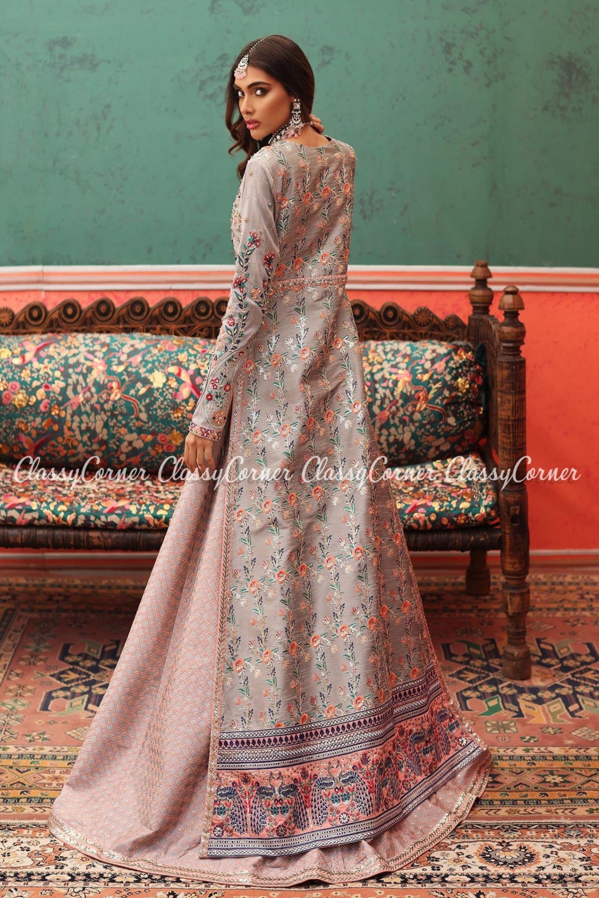 Light Grey Raw Silk Embroidered Gown With Lehenga Outfit