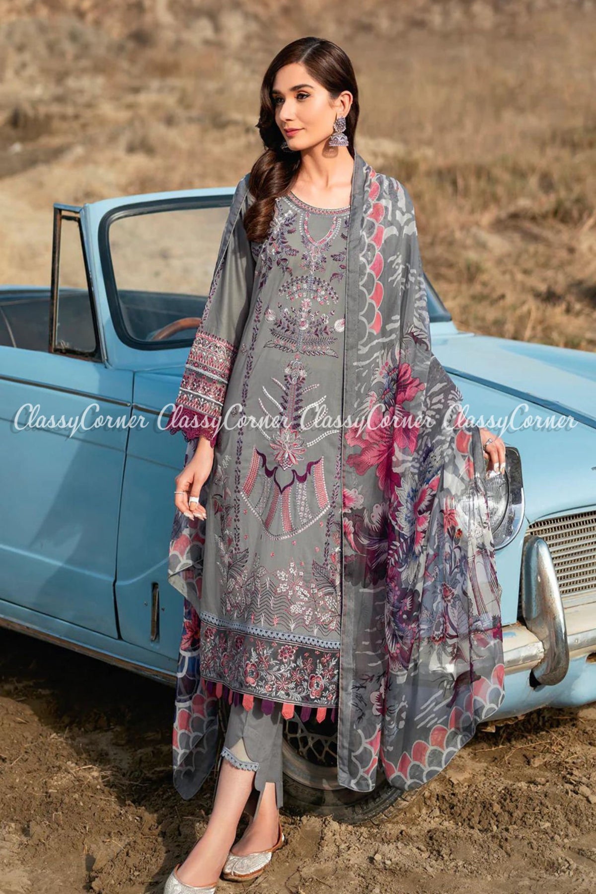 Grey Purple Lawn Embroidered Salwar Kameez