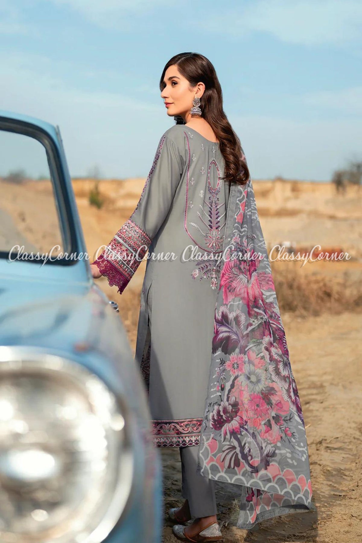 Grey Purple Lawn Embroidered Salwar Kameez