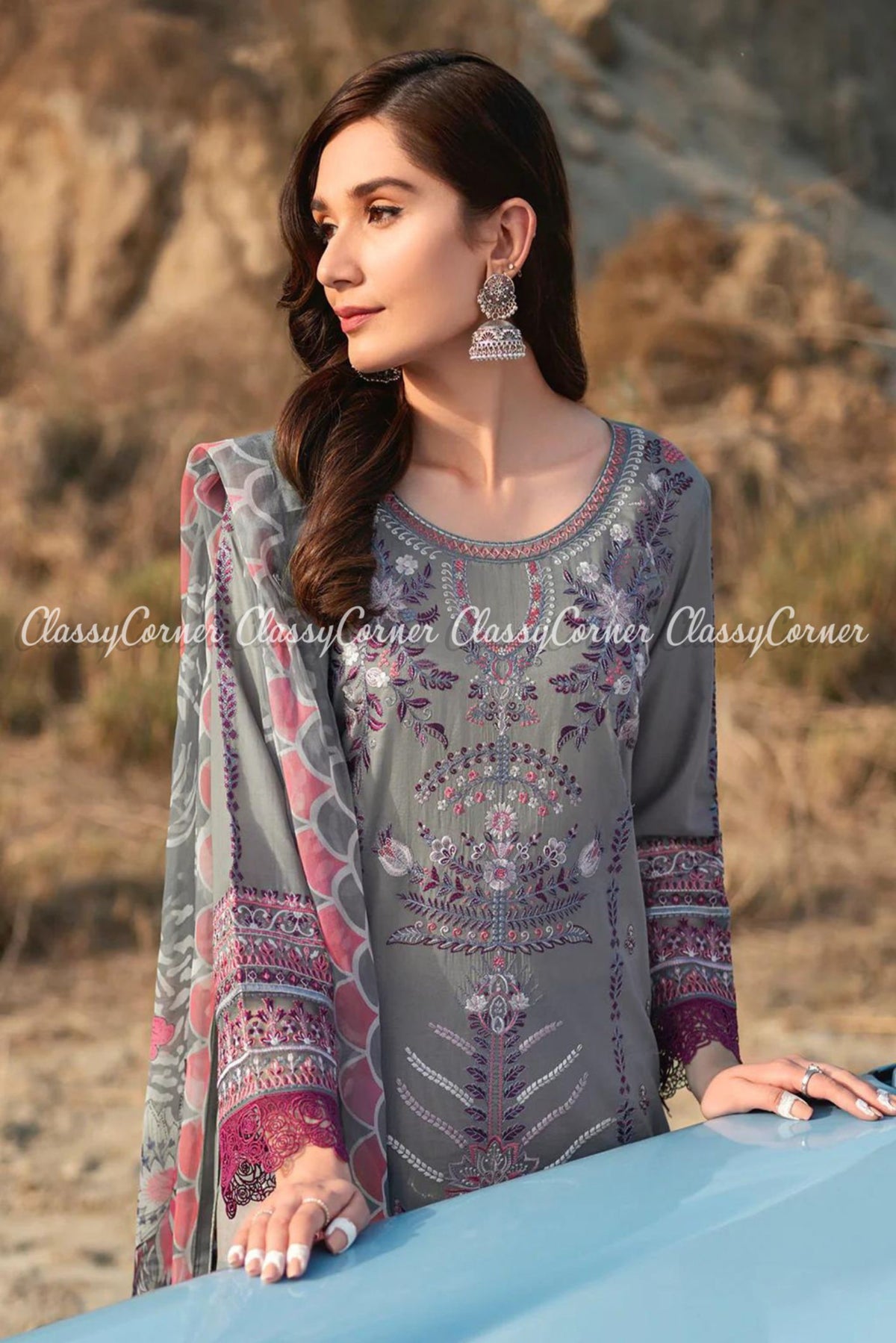 Grey Purple Lawn Embroidered Salwar Kameez