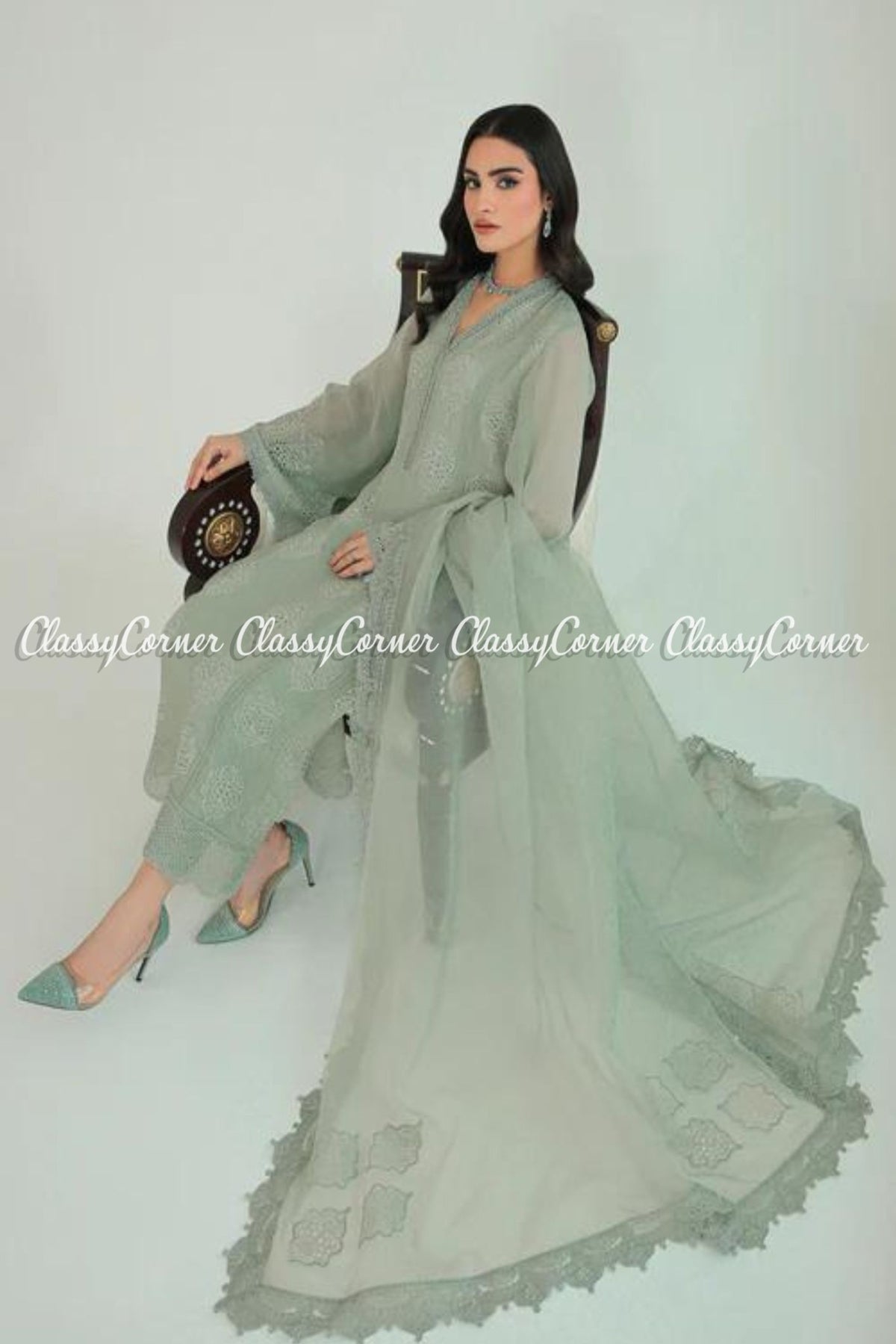 Sage Green Chiffon Embroidered Pakistani Salwar Kameez