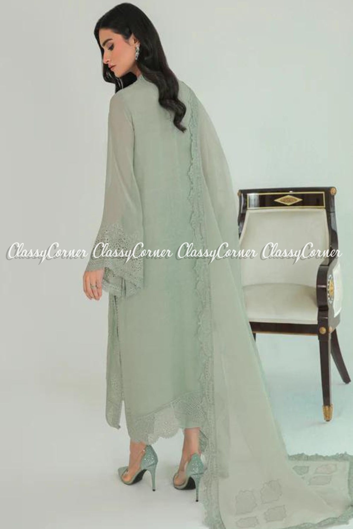 Sage Green Chiffon Embroidered Pakistani Salwar Kameez