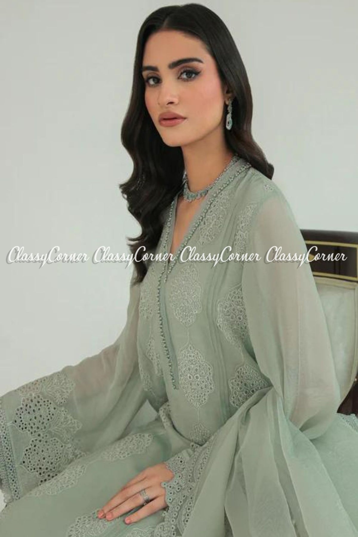 Sage Green Chiffon Embroidered Pakistani Salwar Kameez