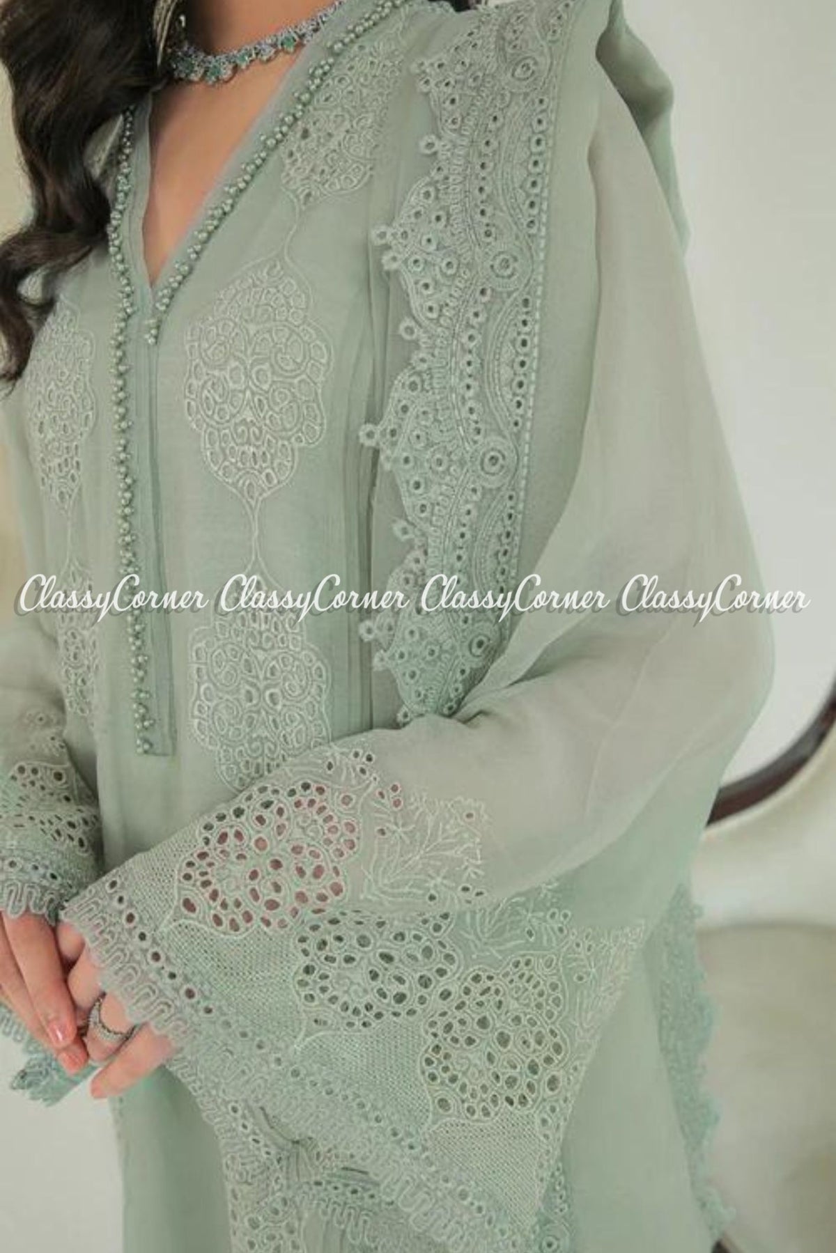 Sage Green Chiffon Embroidered Pakistani Salwar Kameez