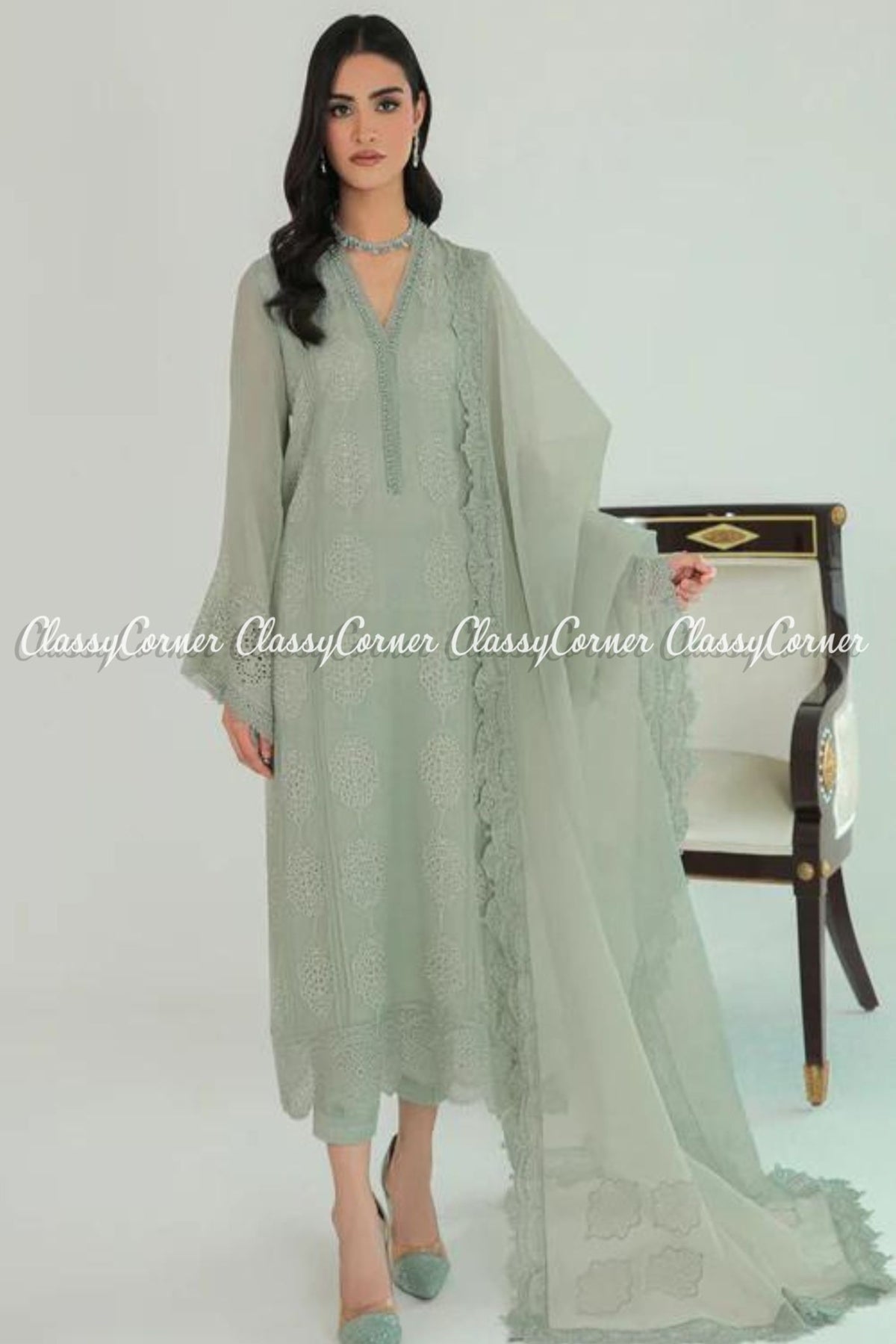 Sage Green Chiffon Embroidered Pakistani Salwar Kameez