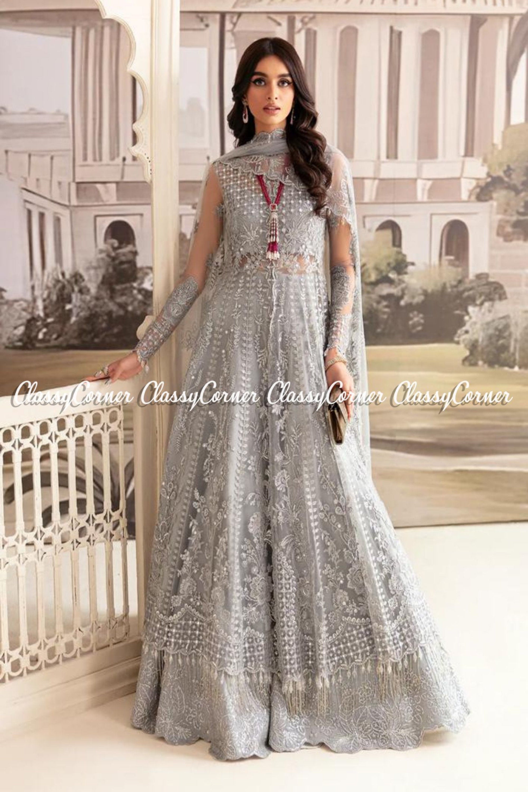 Grey net wedding wear gown | Gowns for girls, Girls frock design, Baby  frocks designs