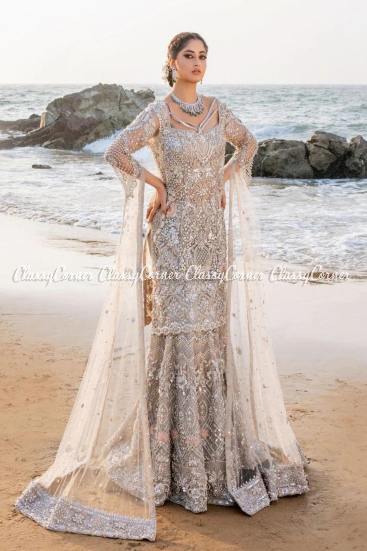 Grey Net Embellished Bridal Wear Lehenga Outfit
