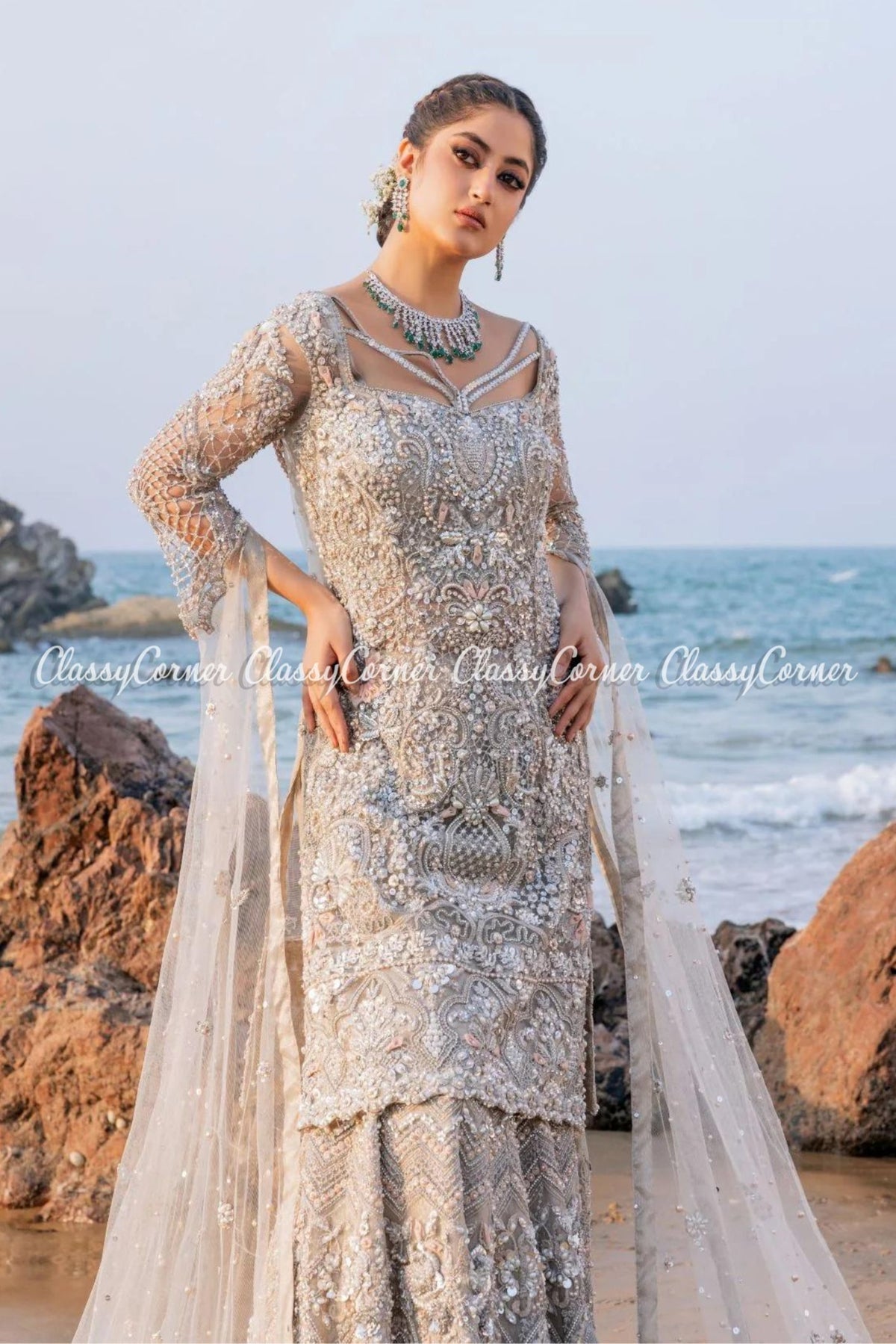 Grey Net Embellished Bridal Wear Lehenga Outfit