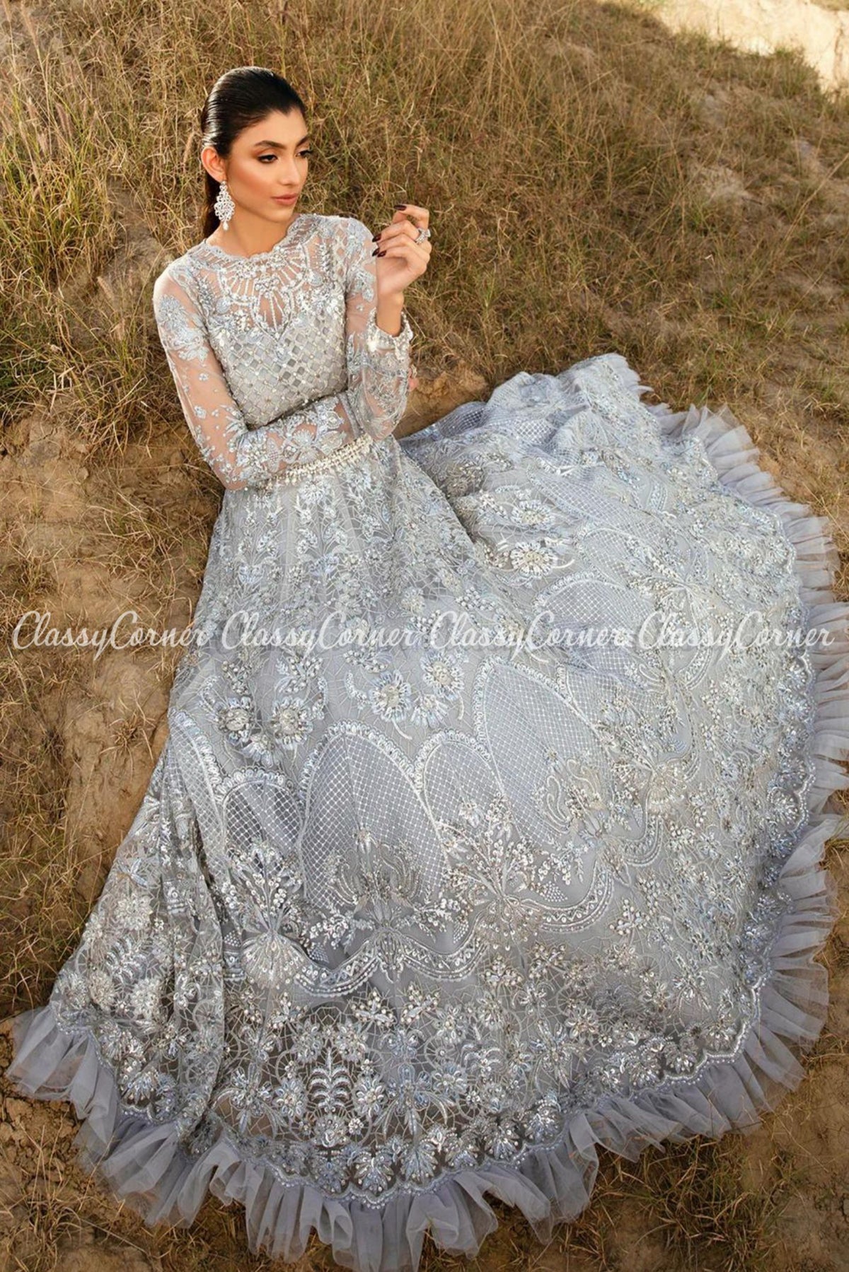 Grey Net Embellished Wedding Wear Lehenga Choli