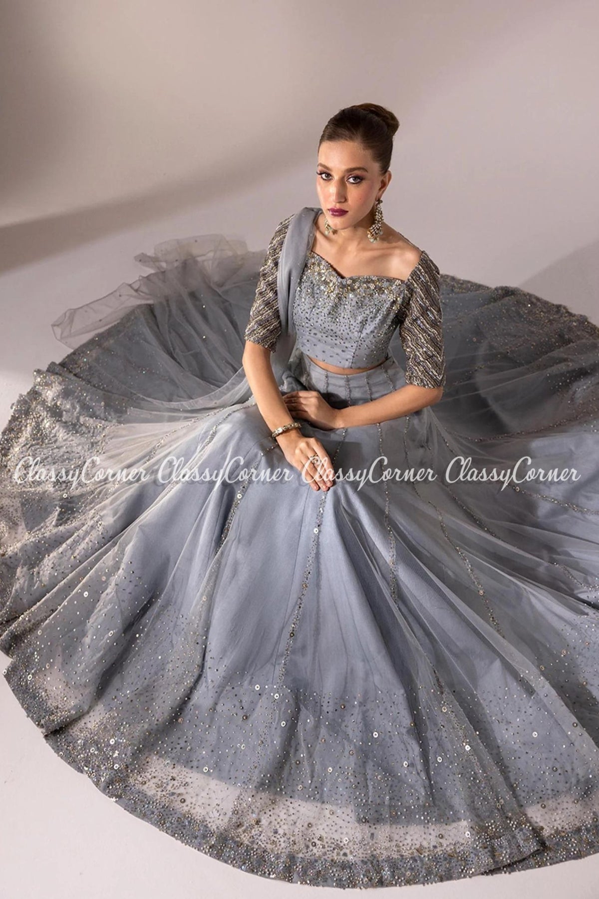 Grey Silver Net Embroidered Readymade Lehenga Choli Outfit