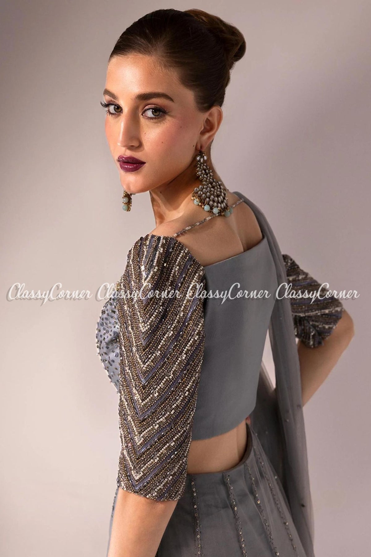 Grey Silver Net Embroidered Readymade Lehenga Choli Outfit