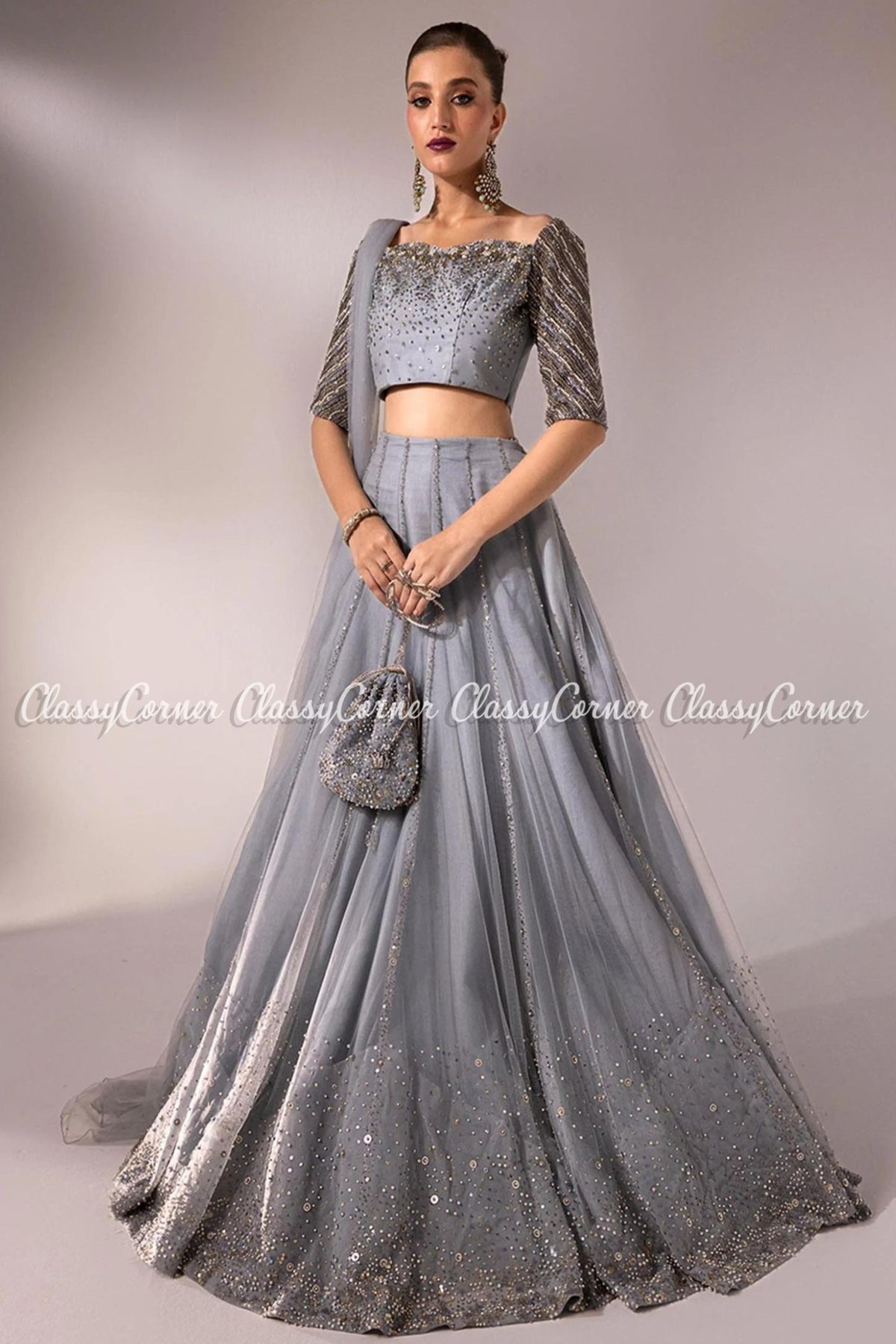 Grey Silver Net Embroidered Readymade Lehenga Choli Outfit