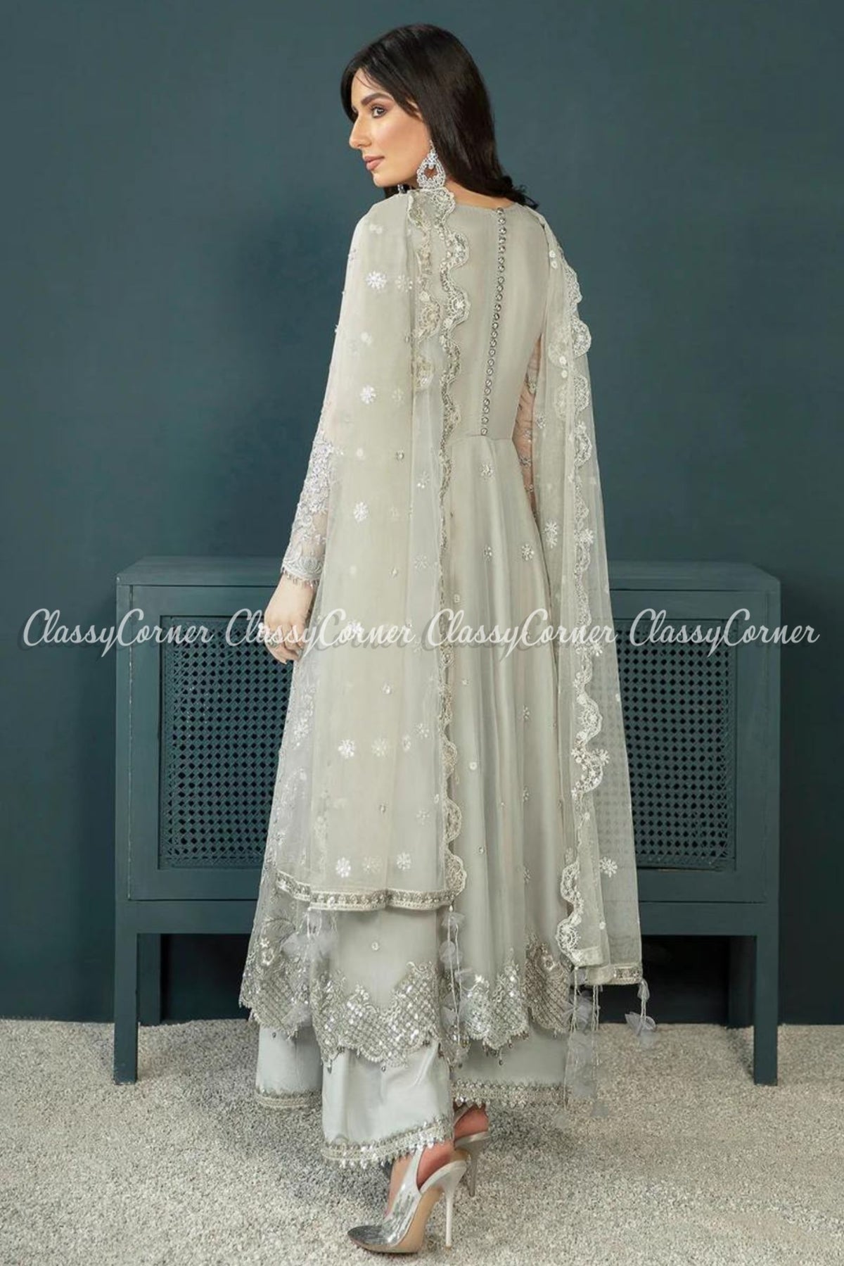 Silver Grey Chiffon Embroidered Party Wear Maxi