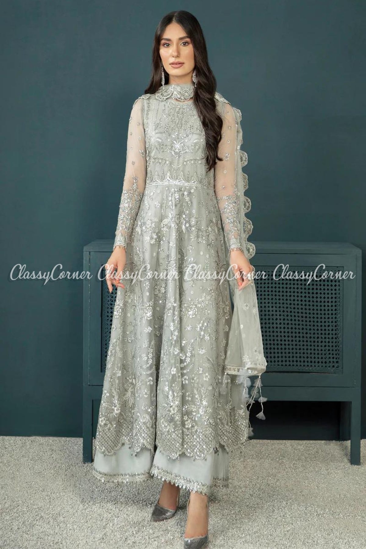 Silver Grey Chiffon Embroidered Party Wear Maxi