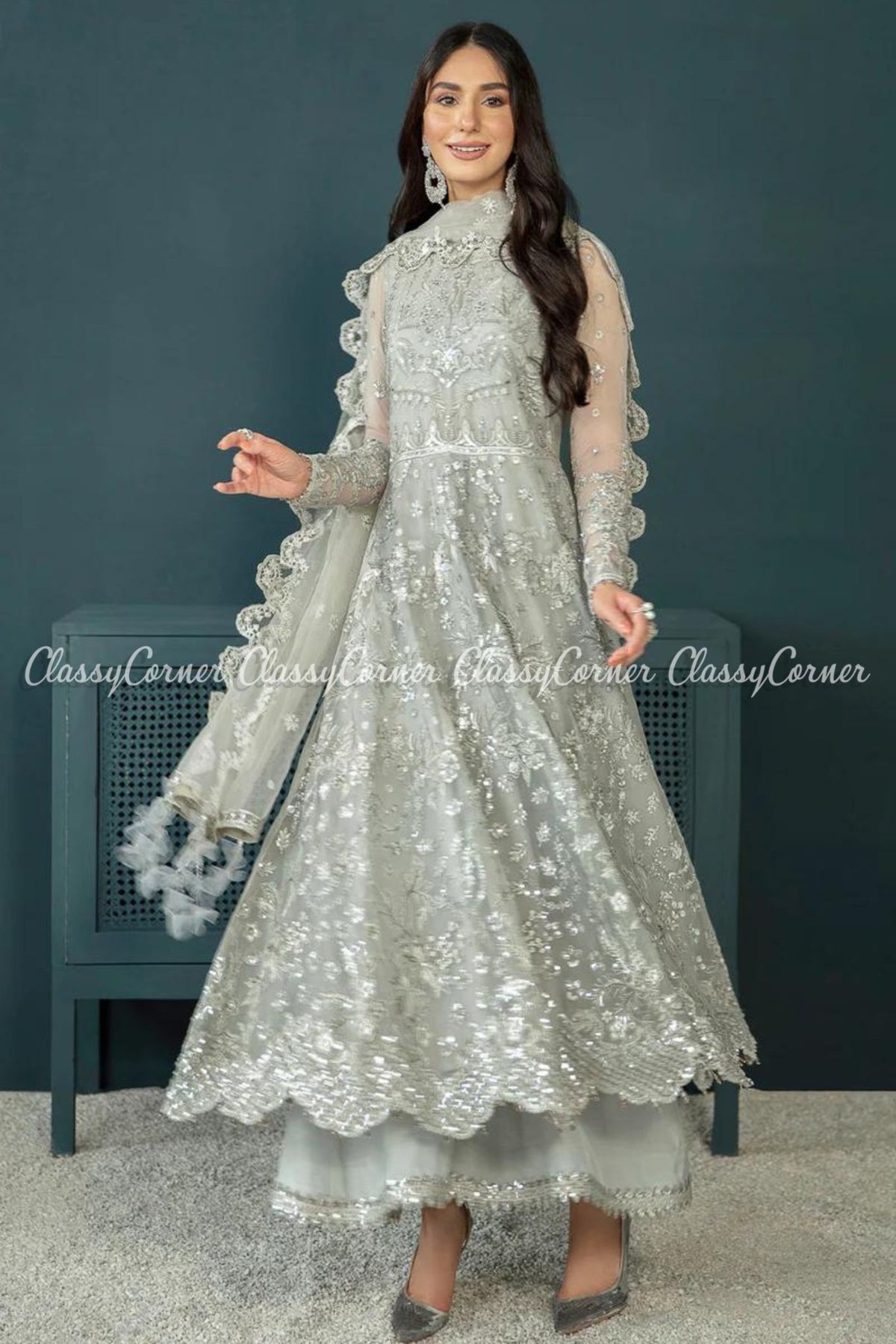 Silver Grey Chiffon Embroidered Party Wear Maxi