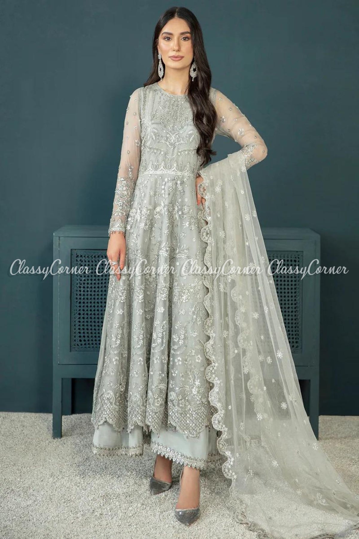 Silver Grey Chiffon Embroidered Party Wear Maxi