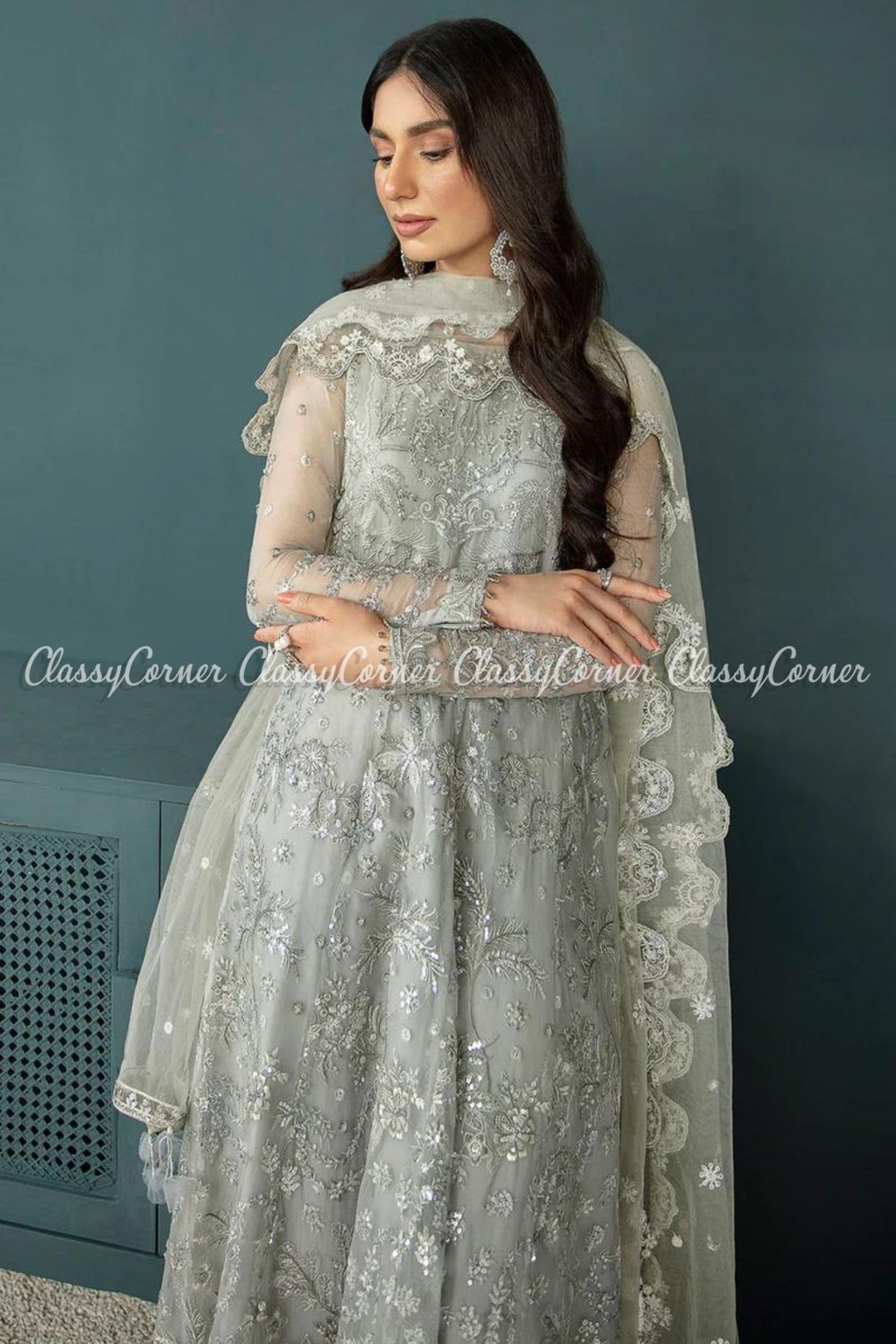 Silver Grey Chiffon Embroidered Party Wear Maxi