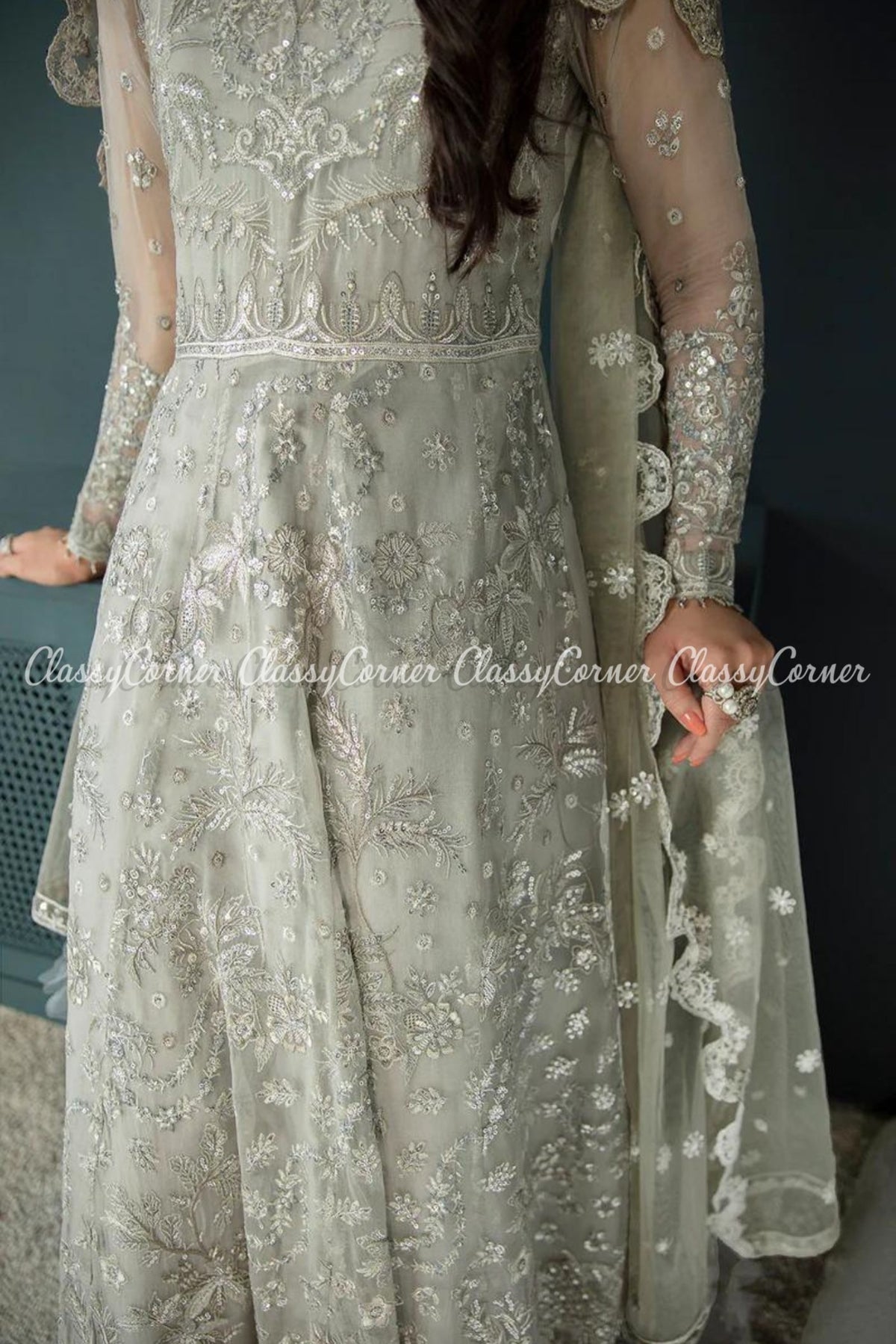 Silver Grey Chiffon Embroidered Party Wear Maxi