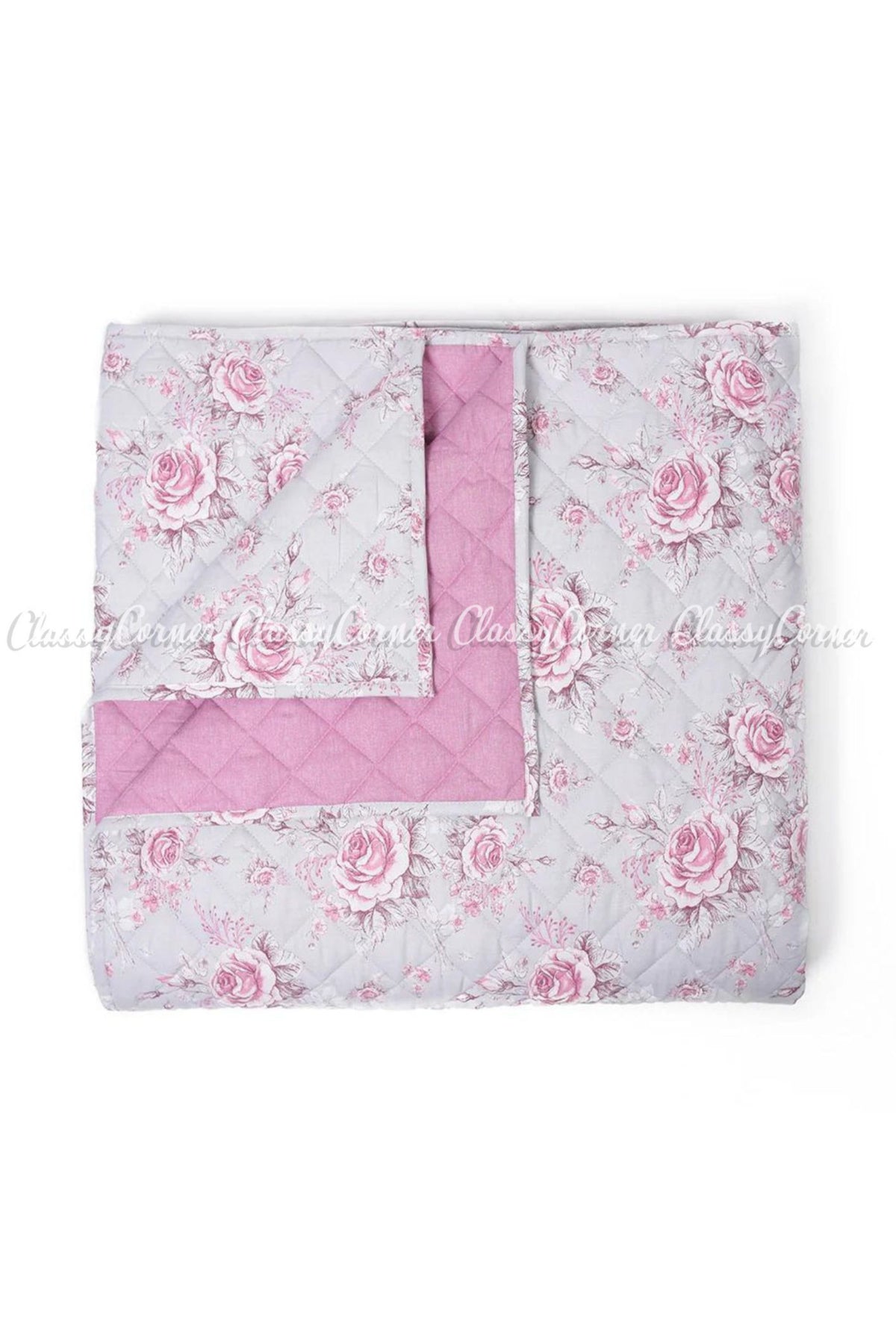 Grey Pink Floral Print Cotton Bedspread Set