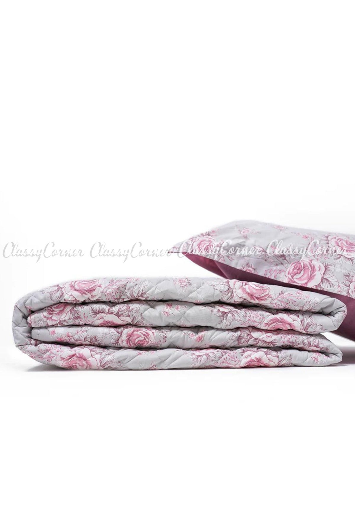 Grey Pink Floral Print Cotton Bedspread Set