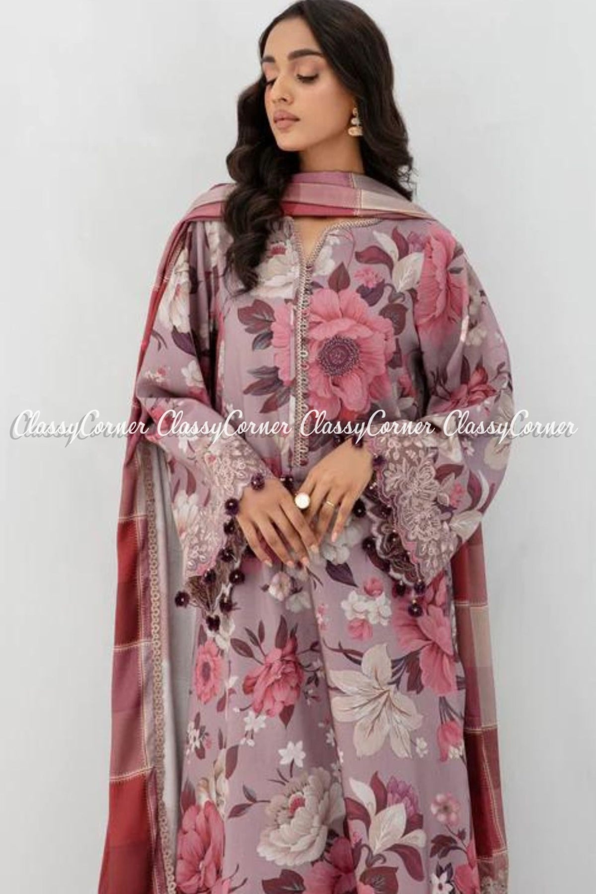 Grey Pink Floral Printed Viscose 3PC Salwar Kameez