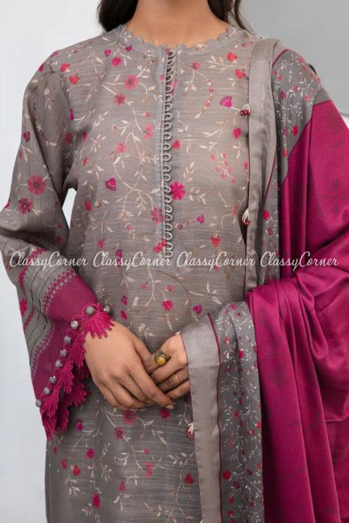 Grey Magenta Khaddar Embroidered Casual Salwar Kameez