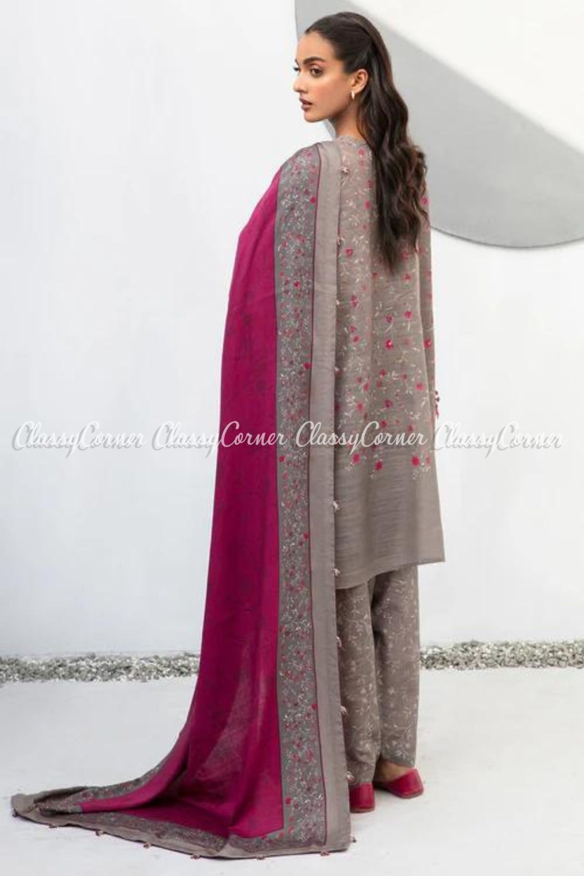 Grey Magenta Khaddar Embroidered Casual Salwar Kameez