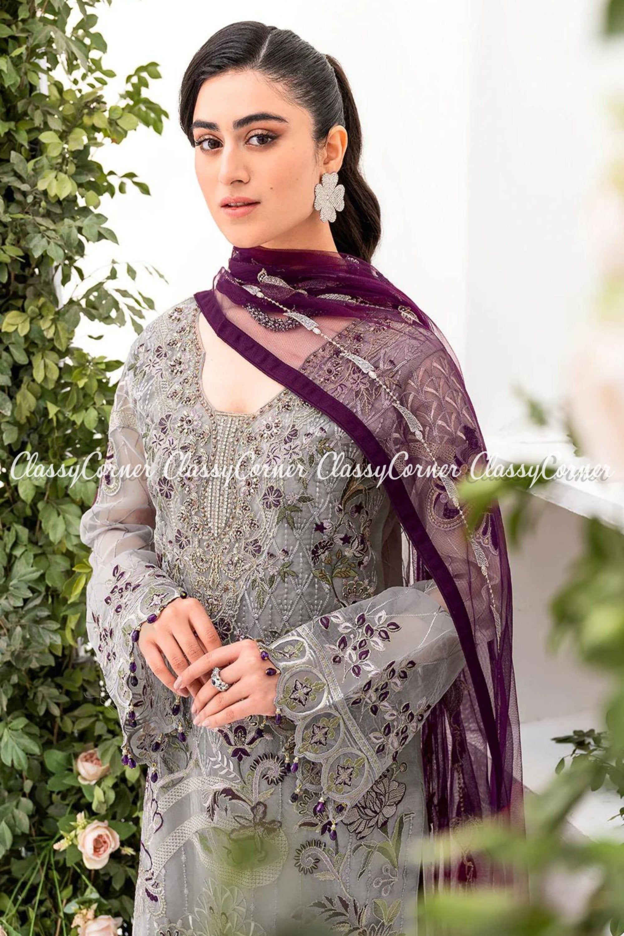 Grey and sale purple pakistani dresses