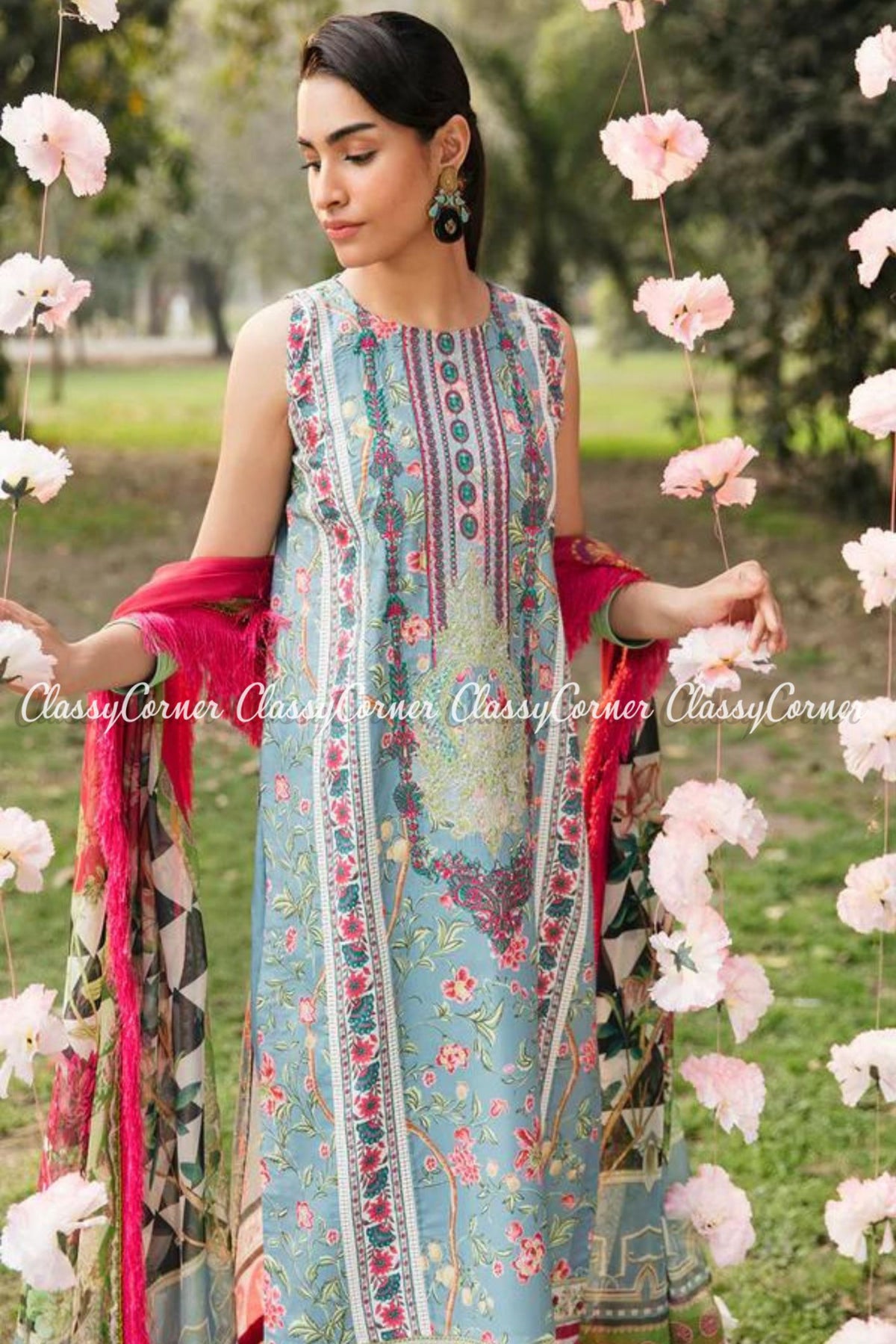 Grey Red Pakistani Lawn Embroidered Salwar Kameez