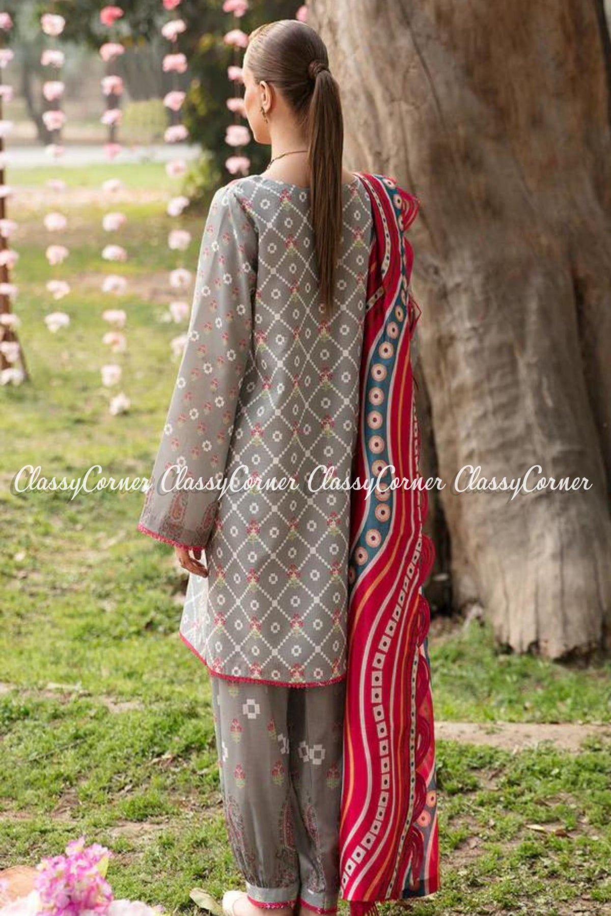 Grey Red Lawn Embroidered Pakistani Salwar Kameez