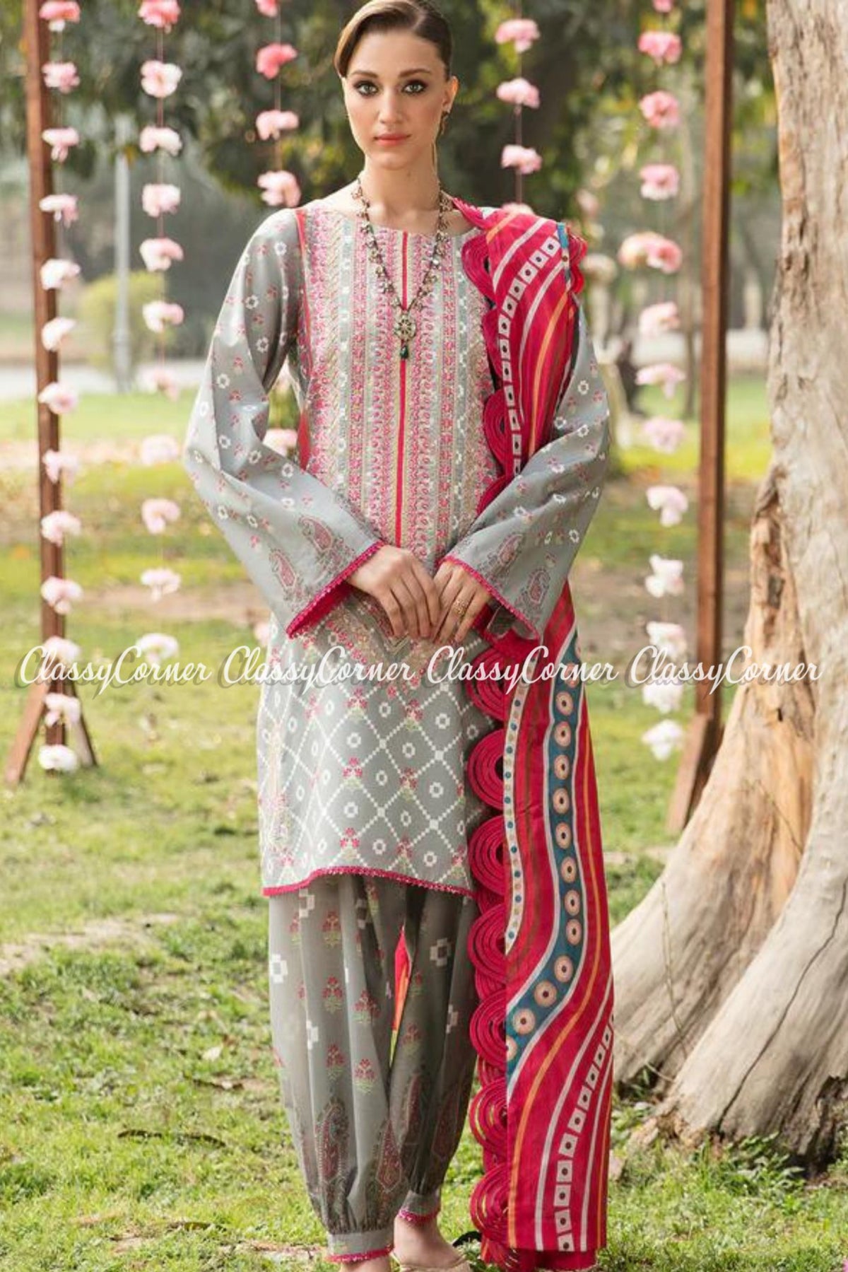 Grey Red Lawn Embroidered Pakistani Salwar Kameez