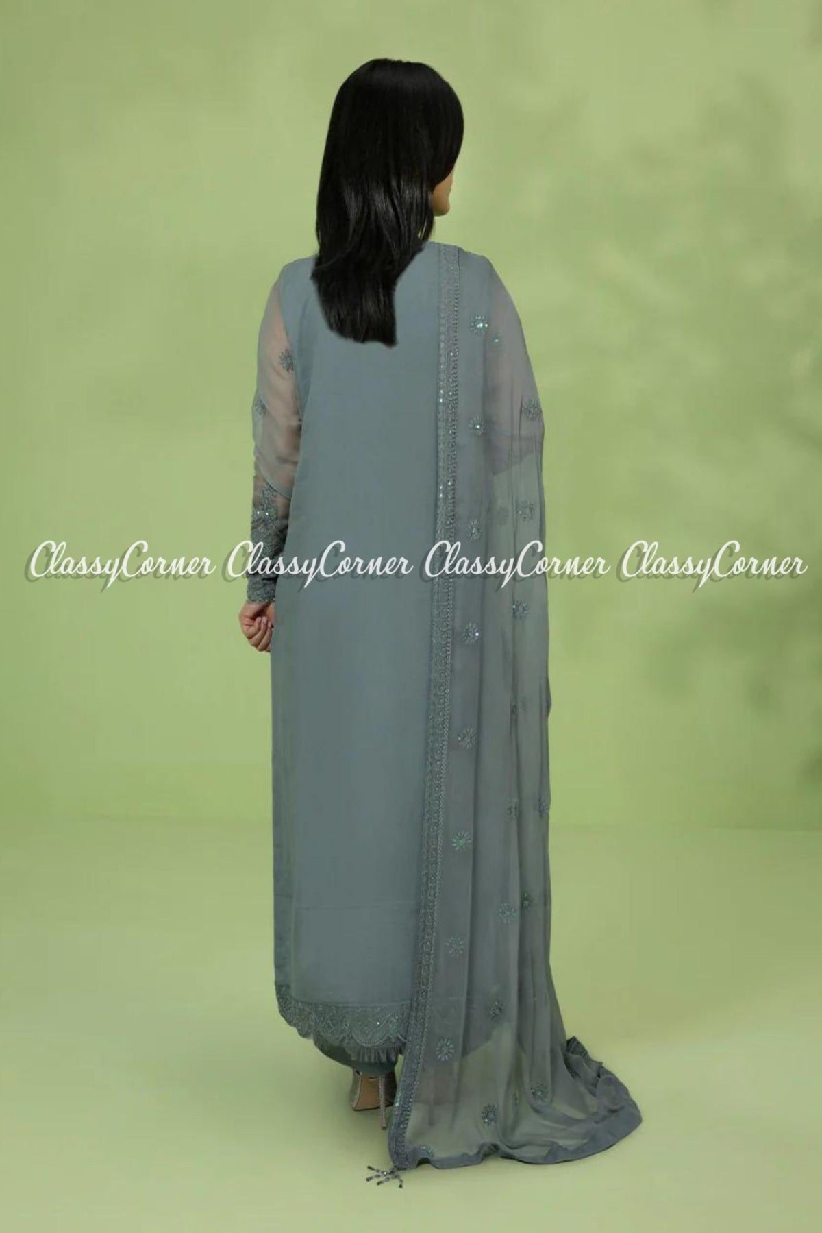 Grey Chiffon Embroidered Party Wear Salwar Kameez Dress