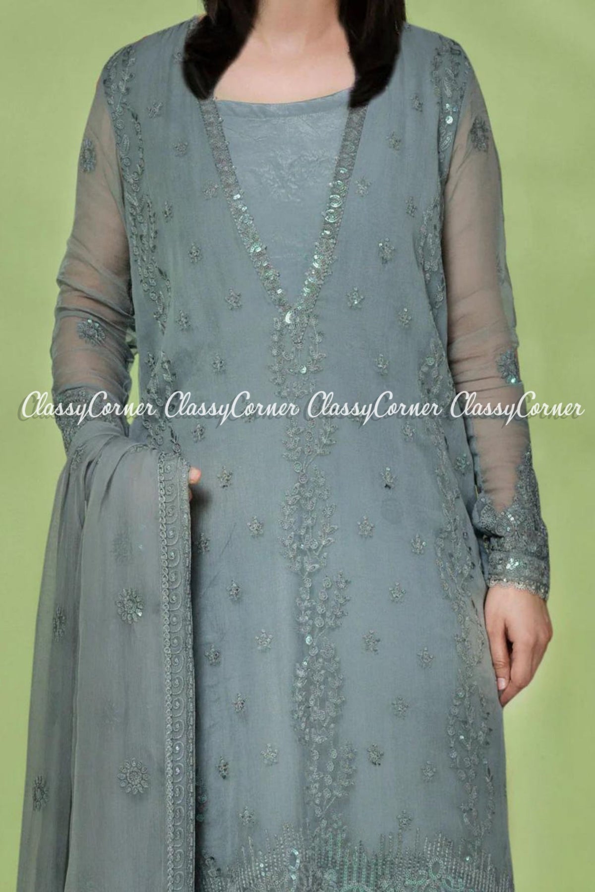 Grey Chiffon Embroidered Party Wear Salwar Kameez Dress