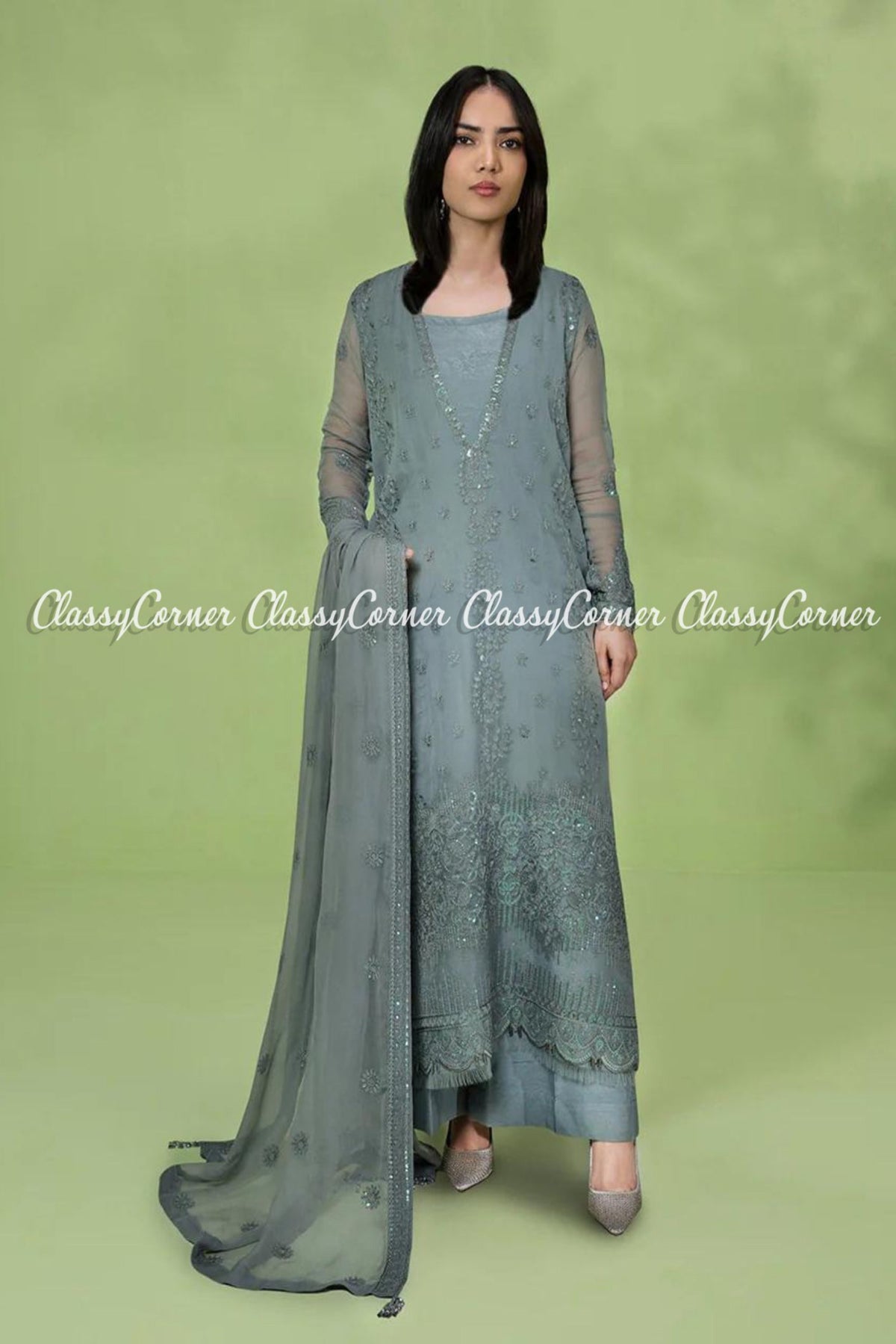 Grey Chiffon Embroidered Party Wear Salwar Kameez Dress