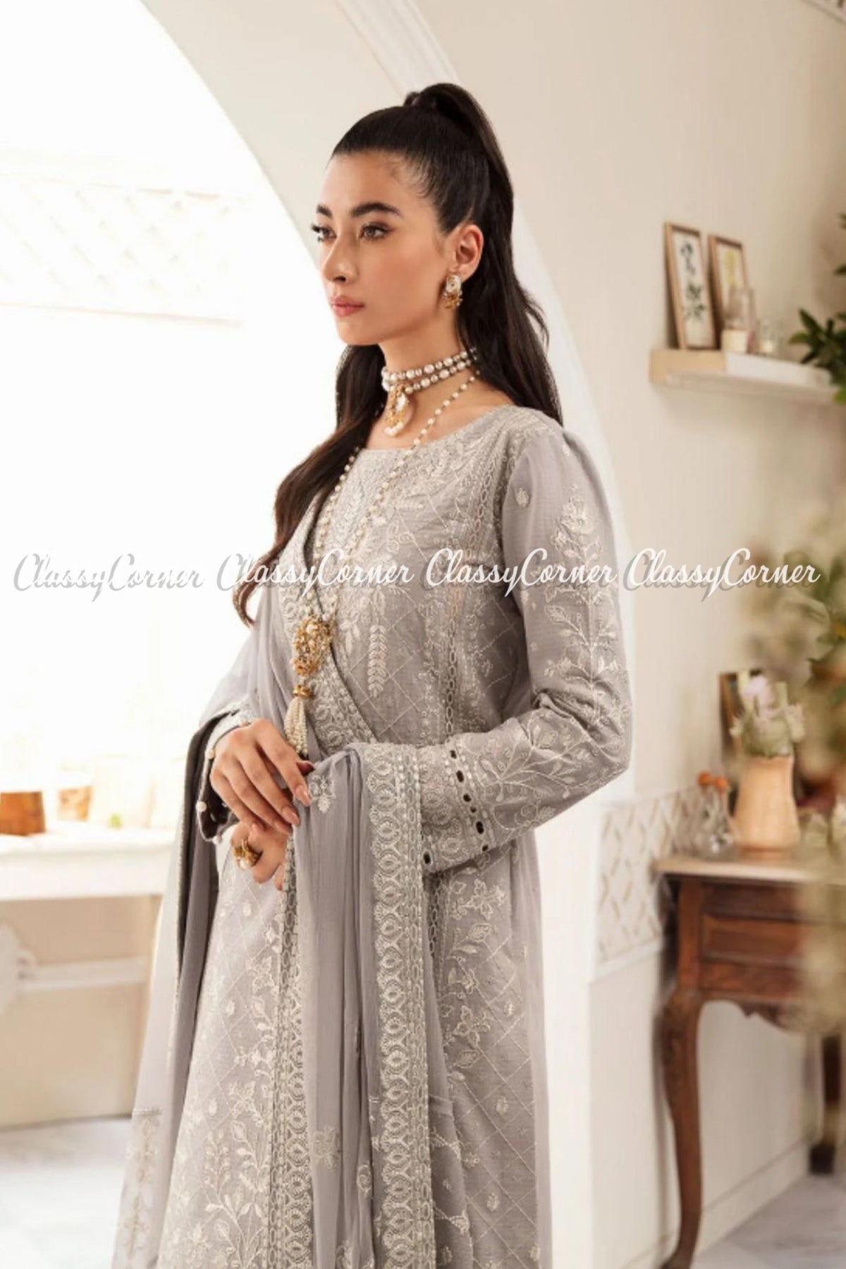 Grey White Lawn Embroidered Formal Wear Salwar Kameez