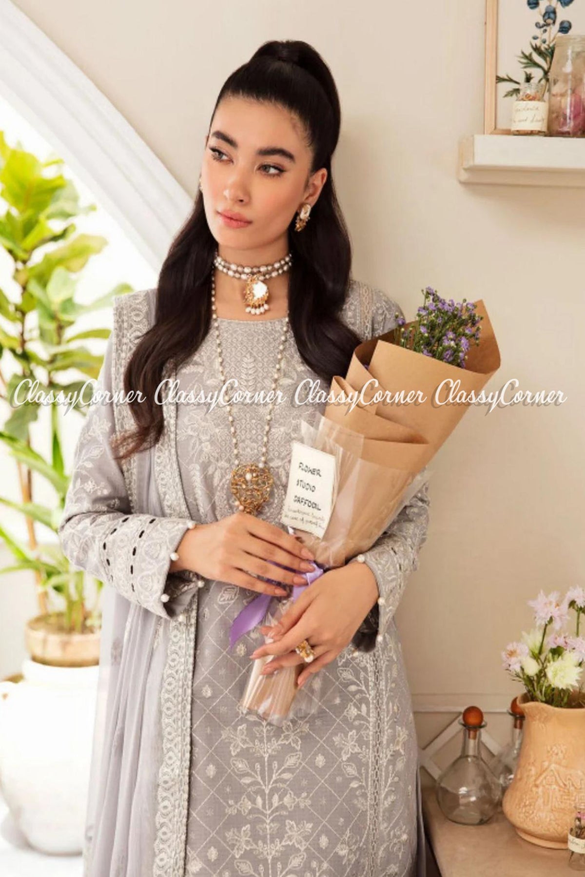 Grey White Lawn Embroidered Formal Wear Salwar Kameez