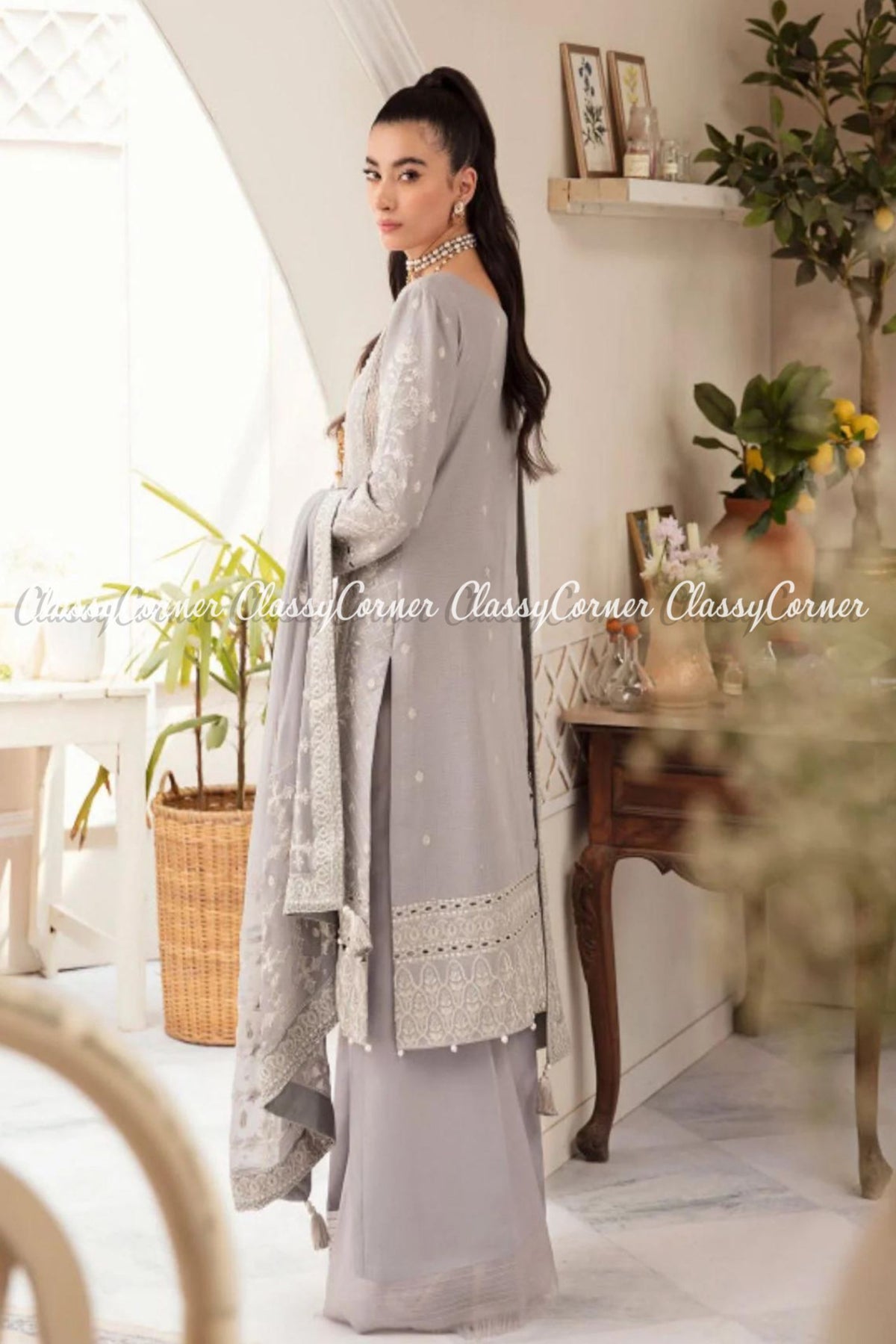 Grey White Lawn Embroidered Formal Wear Salwar Kameez