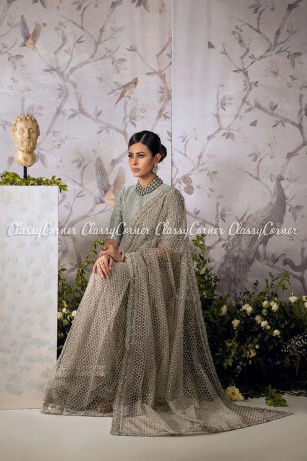 Light Grey Net Embroidered Pakistani Formal Wear Saree