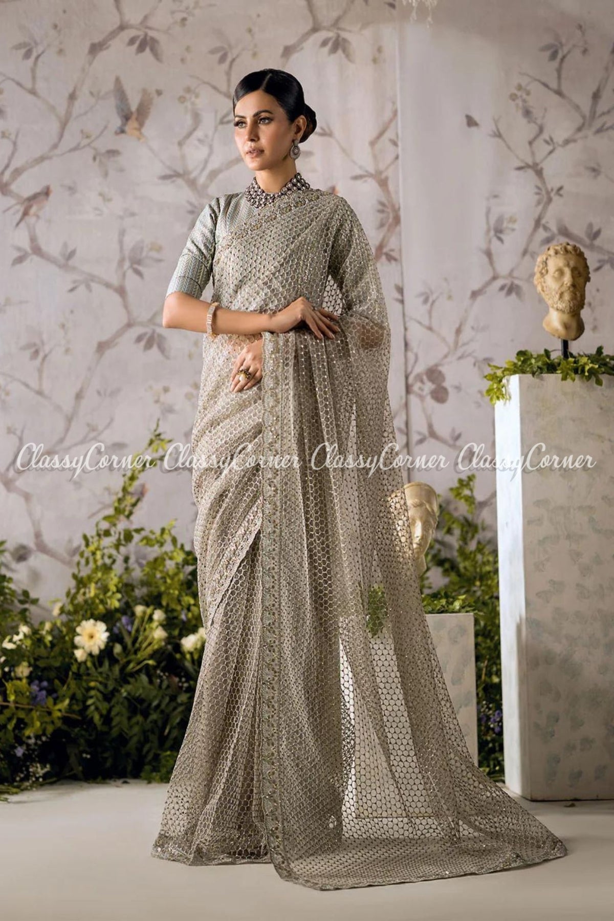 Light Grey Net Embroidered Pakistani Formal Wear Saree