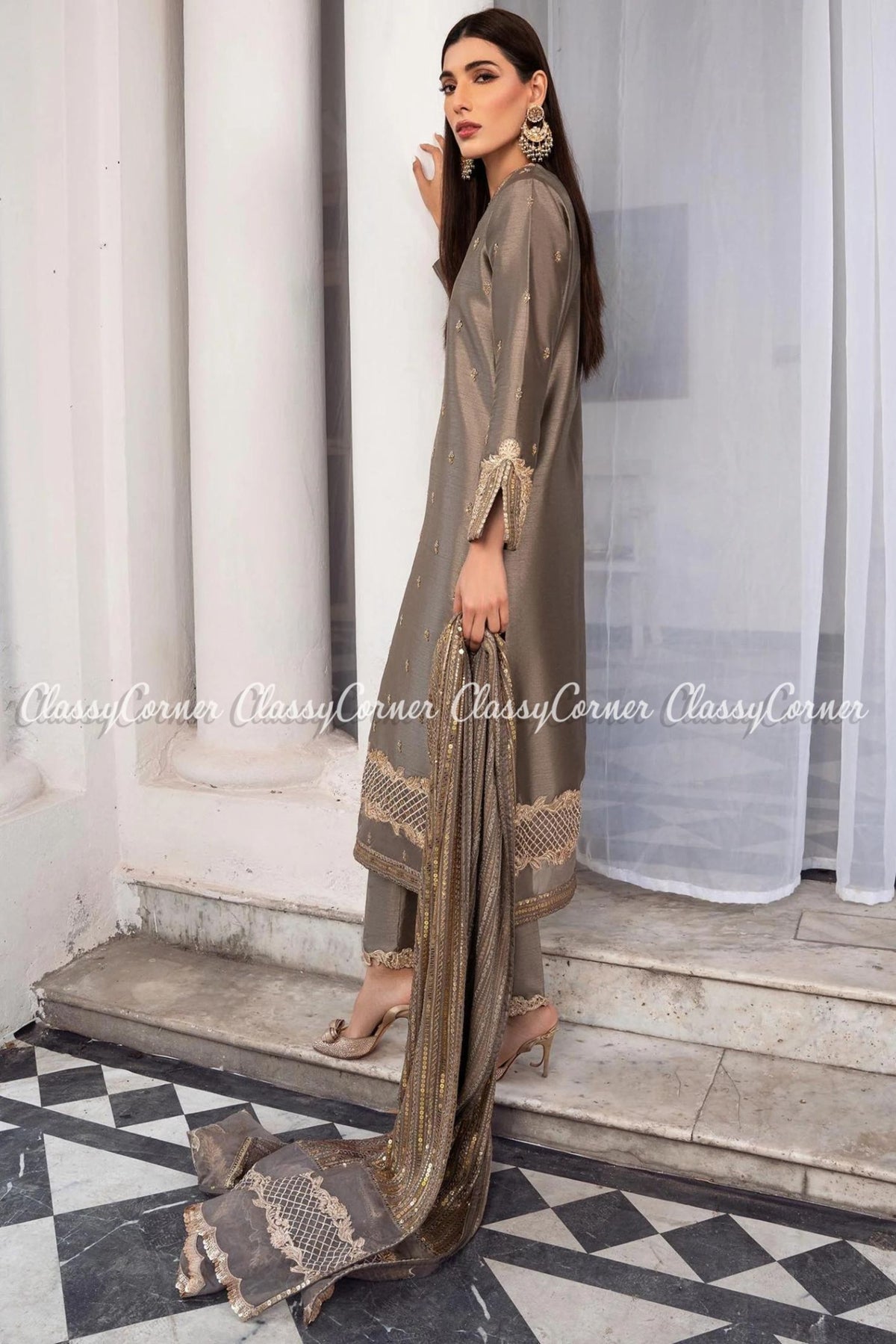 Grey Silk Pakistani Party Wear Salwar Kameez