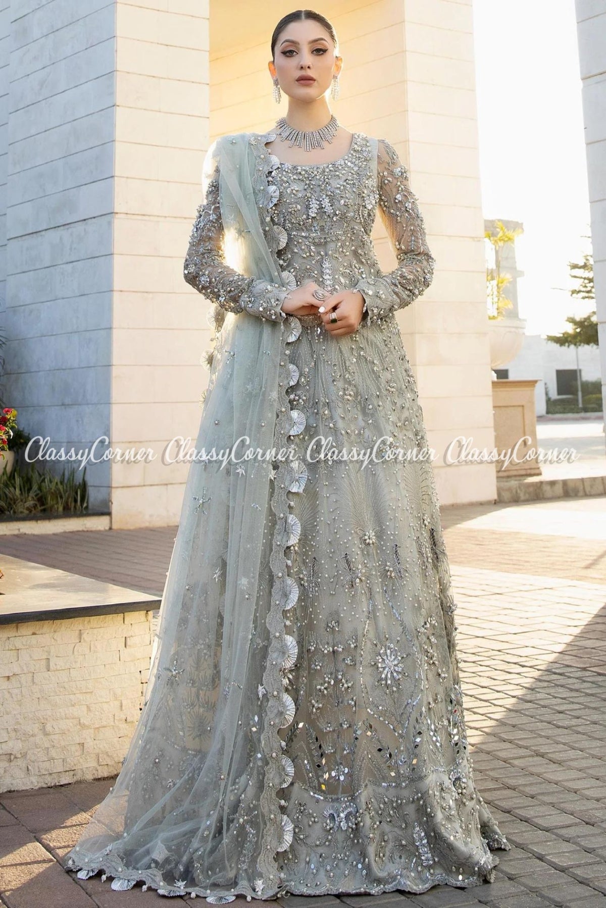 Grey Silver Net Embellished Bridal Lehenga Choli