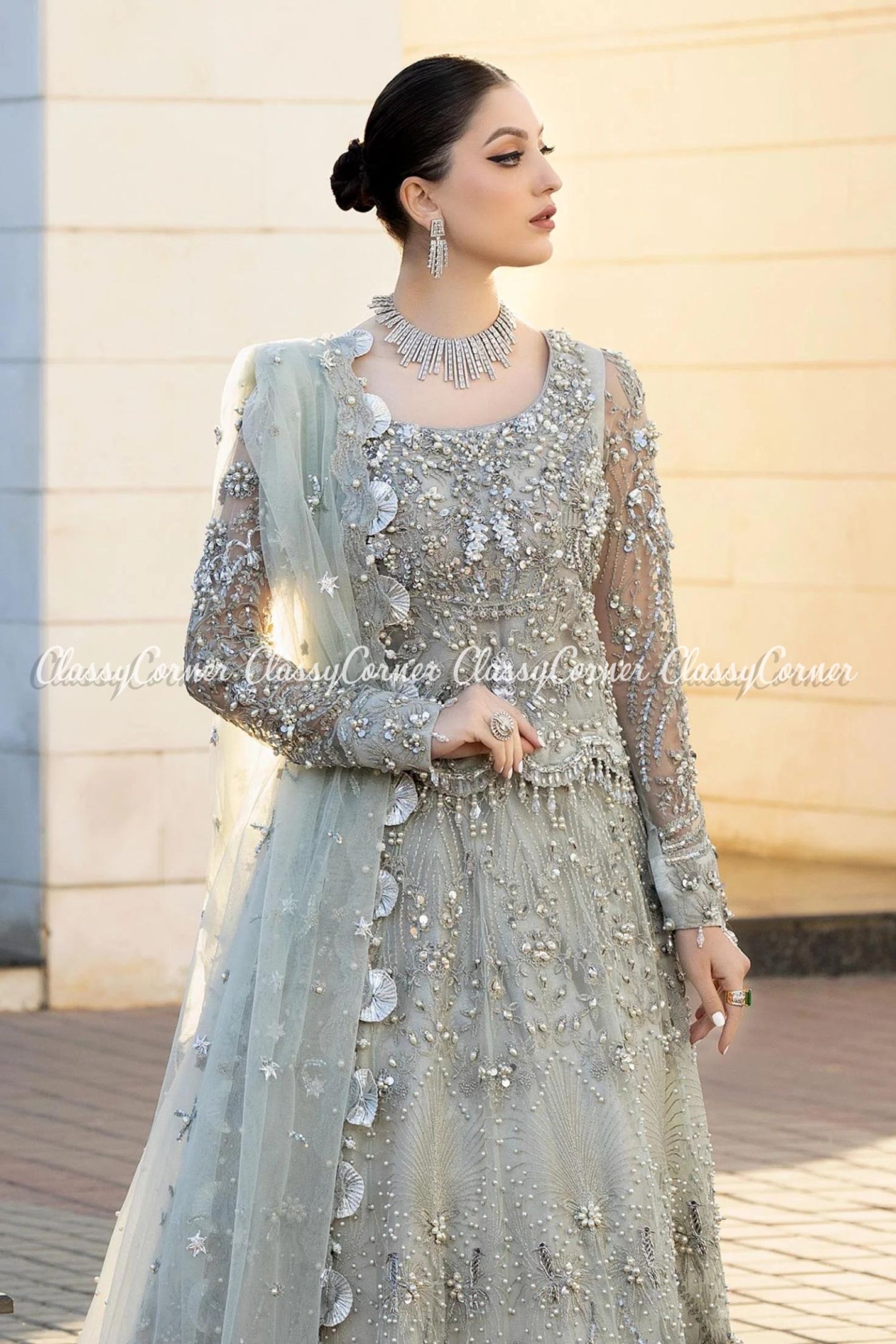 Silver Grey Lehenga Gown for Pakistani Bridal Wear | Pakistani bridal wear,  Pakistani dresses, Lehenga gown