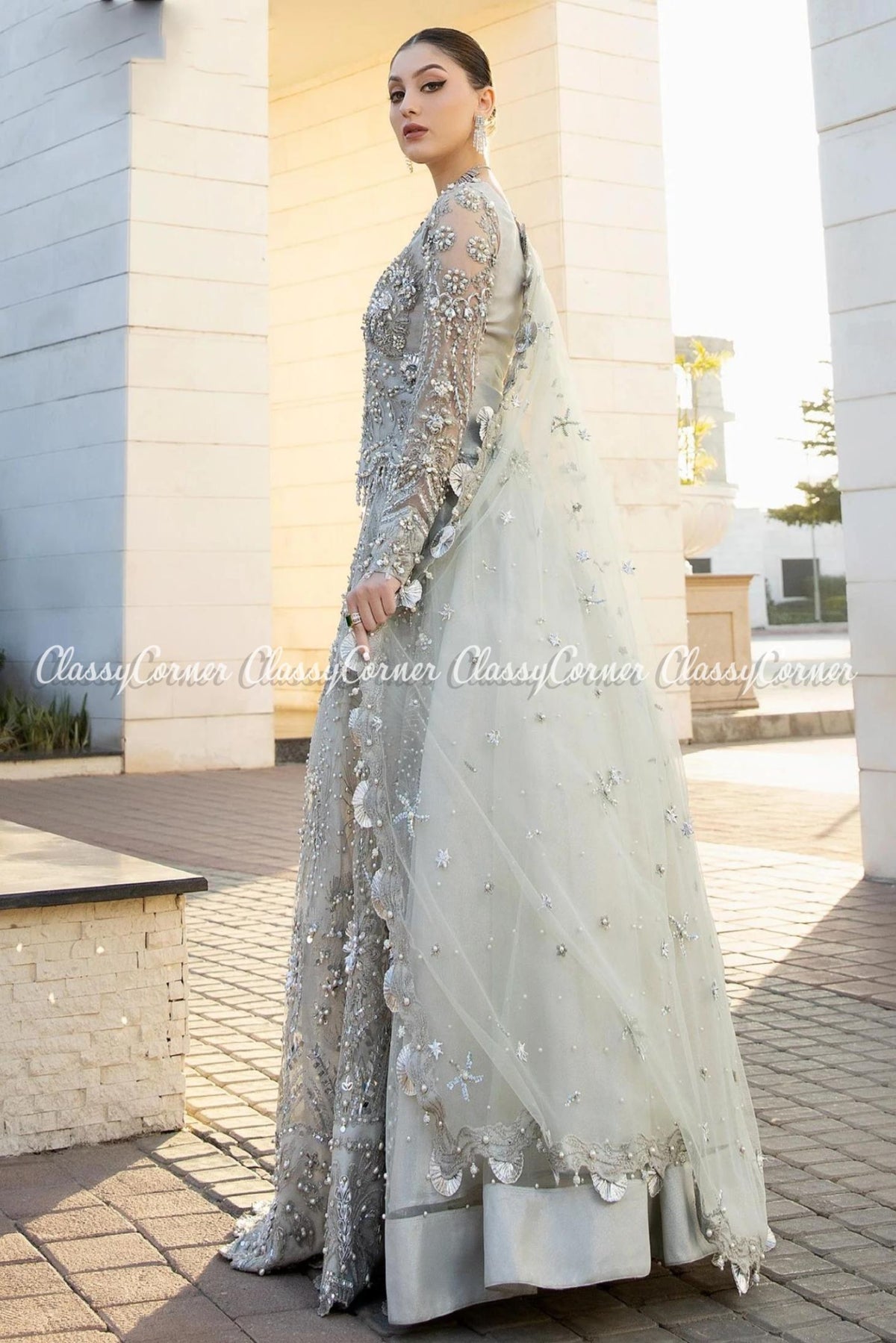 Grey Silver Net Embellished Bridal Lehenga Choli