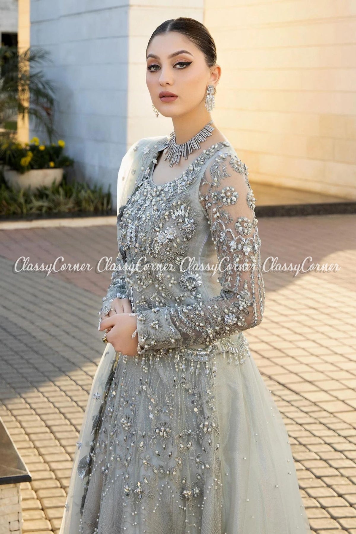 Grey Silver Net Embellished Bridal Lehenga Choli