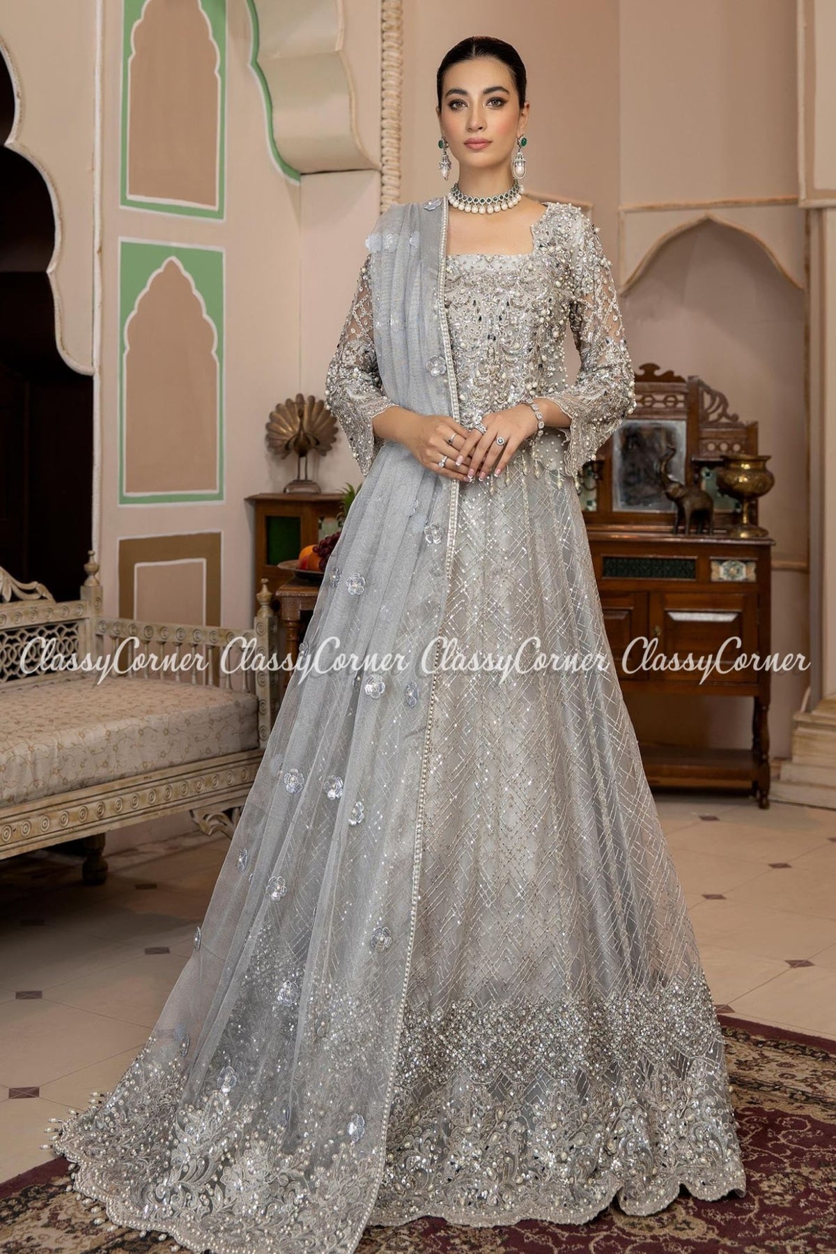 Silver Grey Net Embellished Wedding Wear Lehenga Outfit