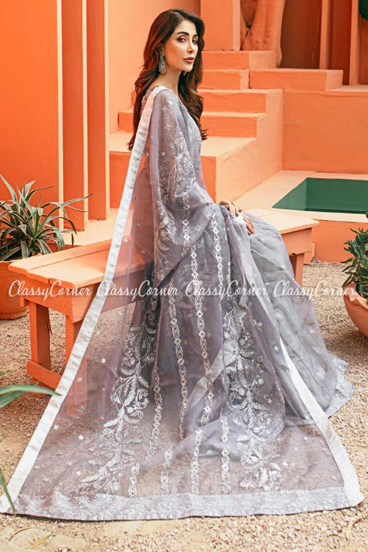 Grey Silver Organza Embroidered Party Wear Outfit