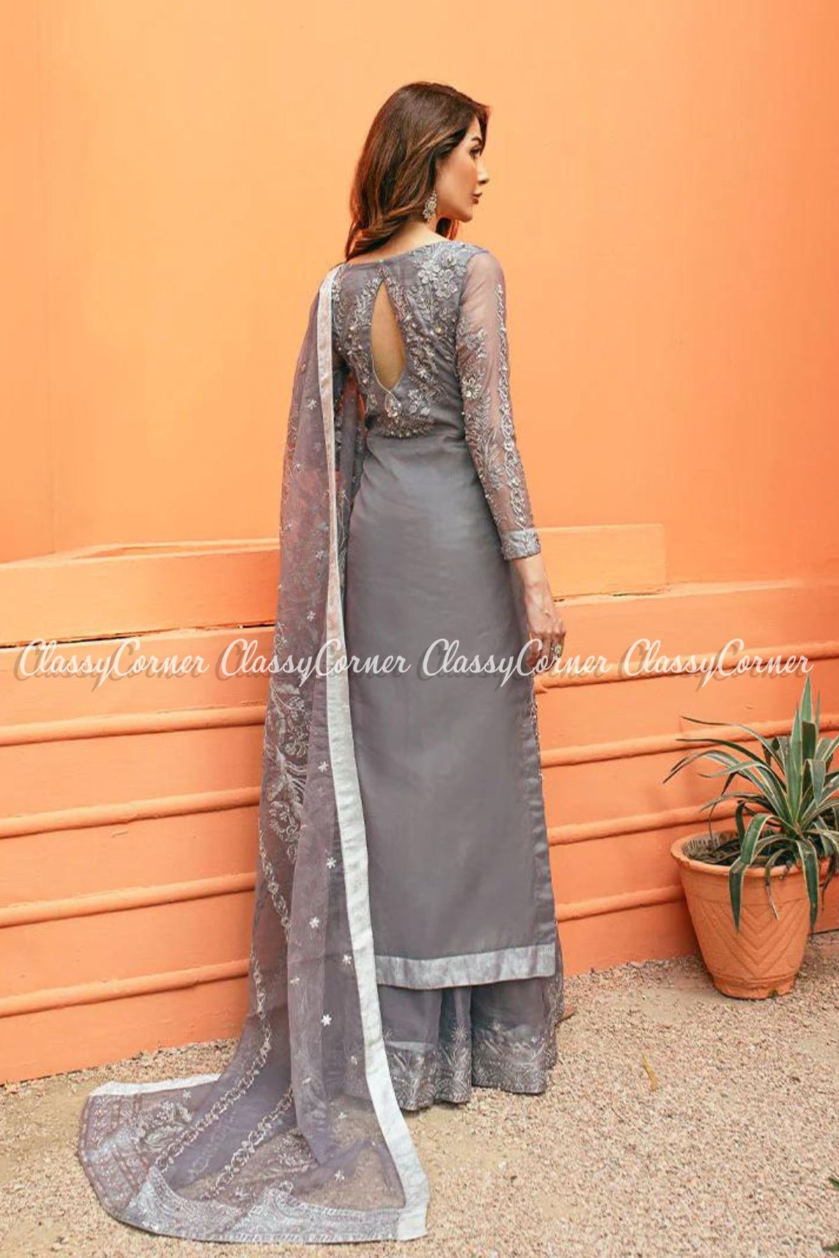 Grey Silver Organza Embroidered Party Wear Outfit