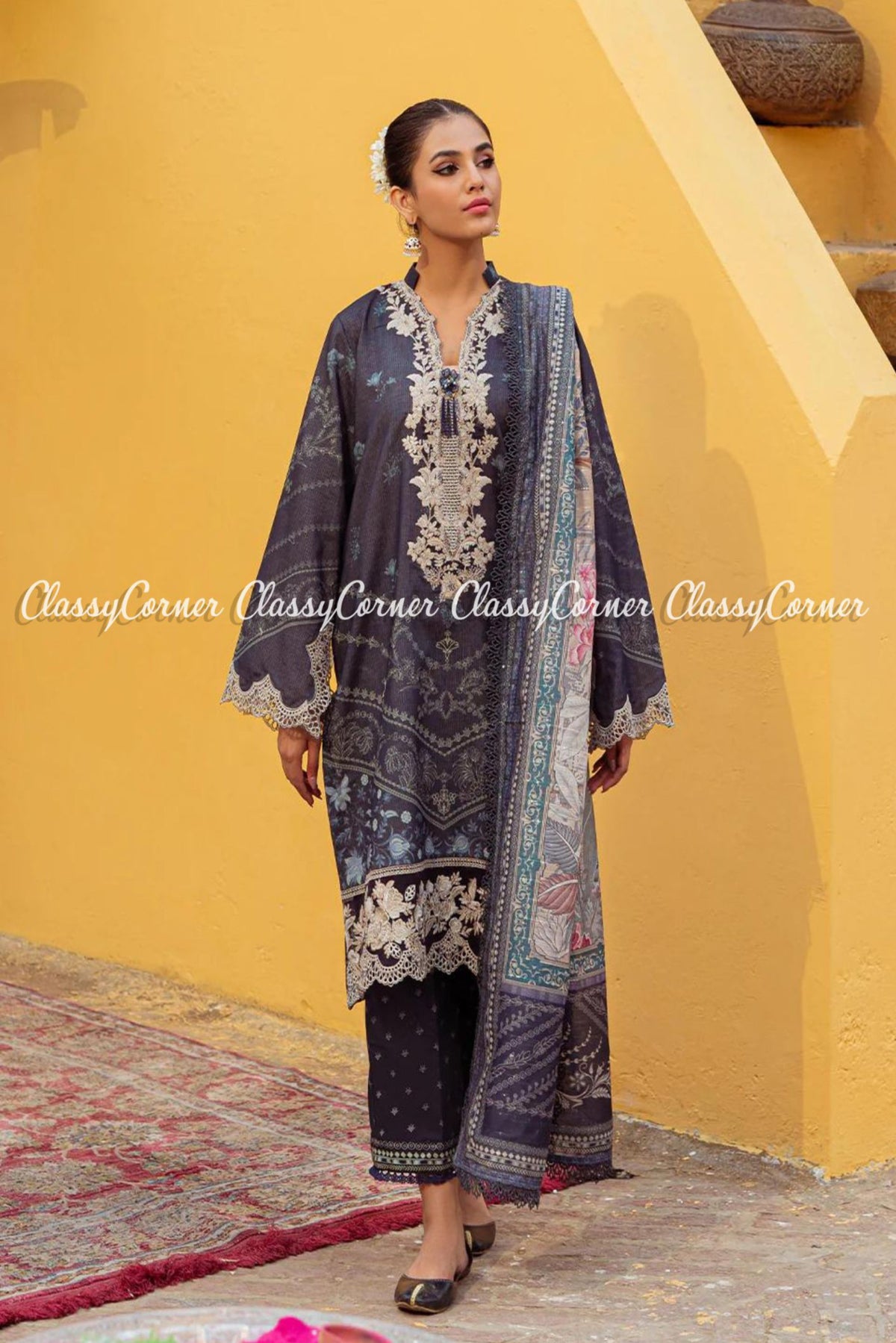 Grey Skin Lawn Embroidered Pakistani Salwar Kameez