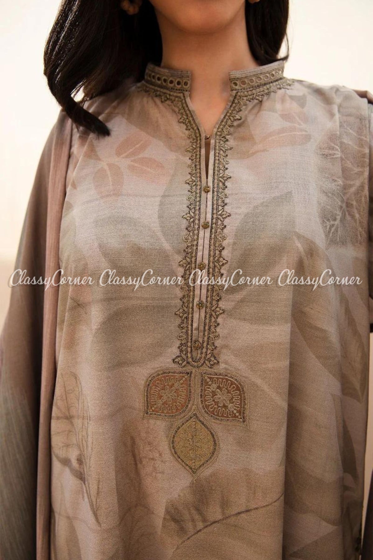 Grey Printed Viscose Khaddar Formal Wear Salwar Kameez